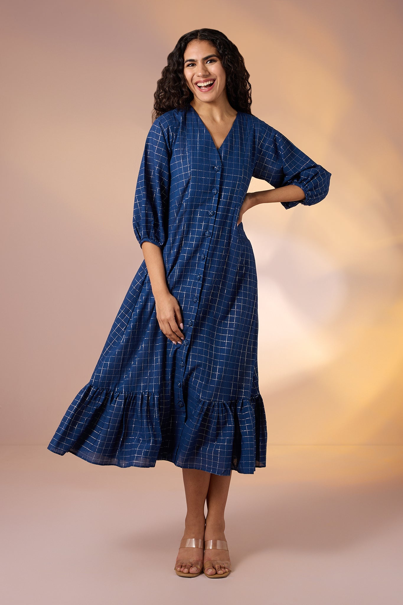 Maati Craft Gulabi Sapphire Grid Front Button Cotton Dress With Ruffle Border