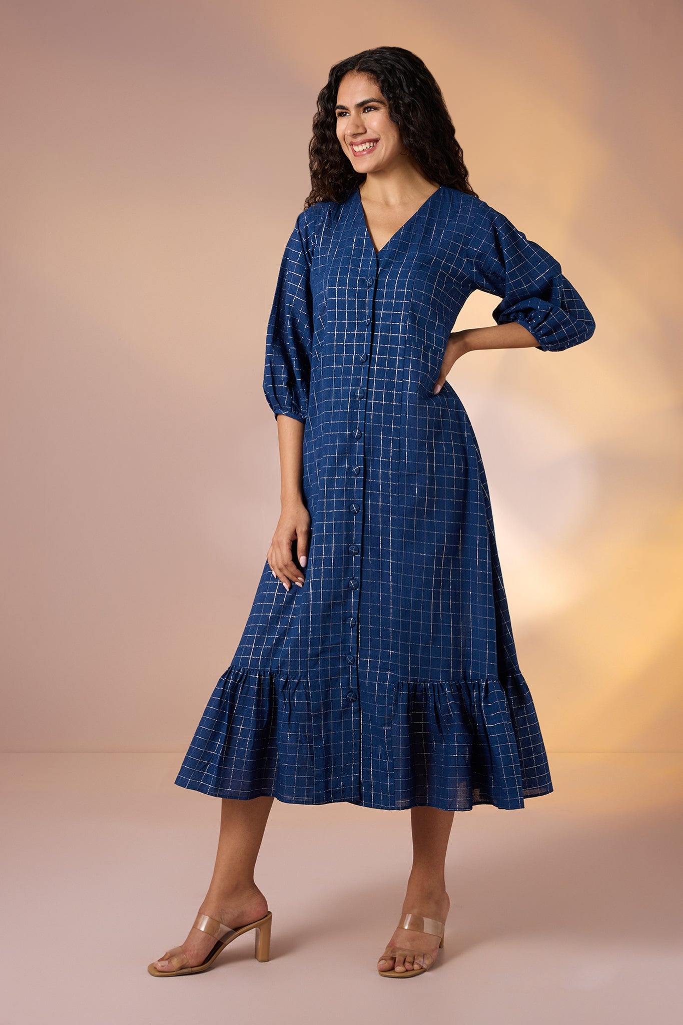 Maati Craft Gulabi Sapphire Grid Front Button Cotton Dress With Ruffle Border