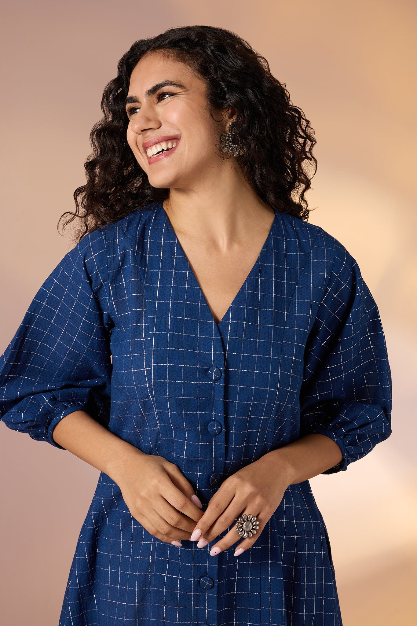 Maati Craft Gulabi Sapphire Grid Front Button Cotton Dress With Ruffle Border
