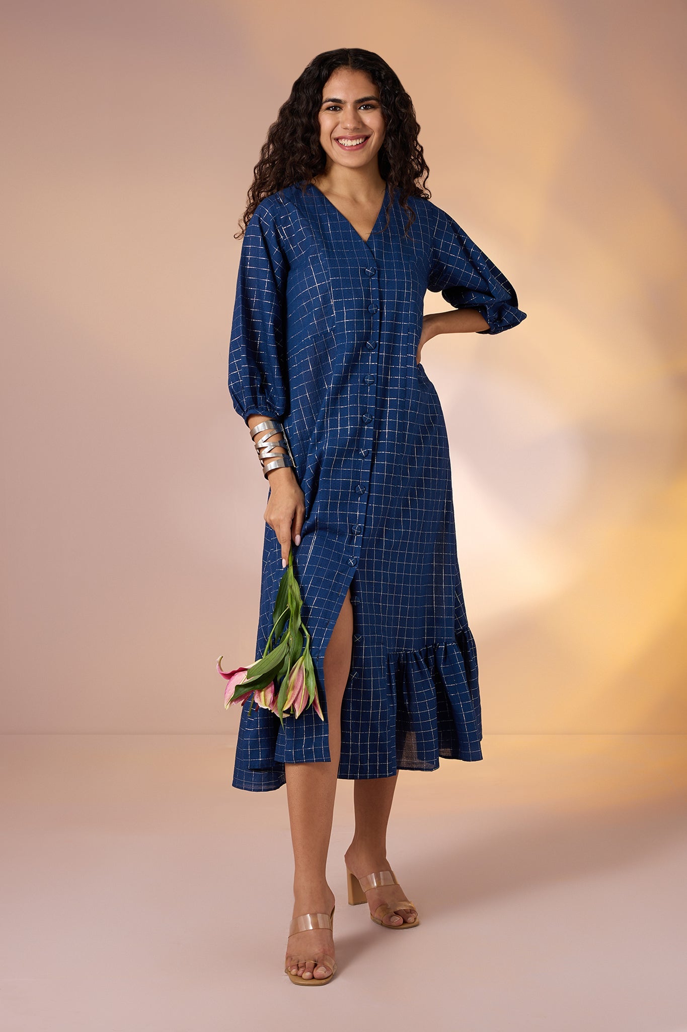 Maati Craft Gulabi Sapphire Grid Front Button Cotton Dress With Ruffle Border