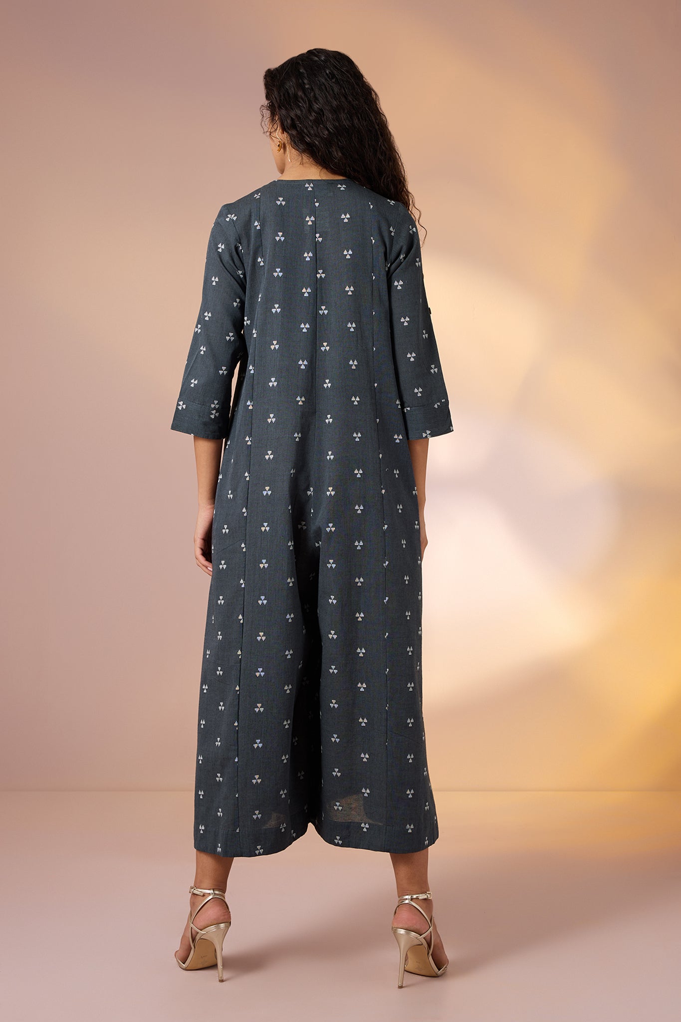 Maati Craft Gulabi Prism Grey Front Zipper Cotton Jumpsuit with Pockets & Sleeves