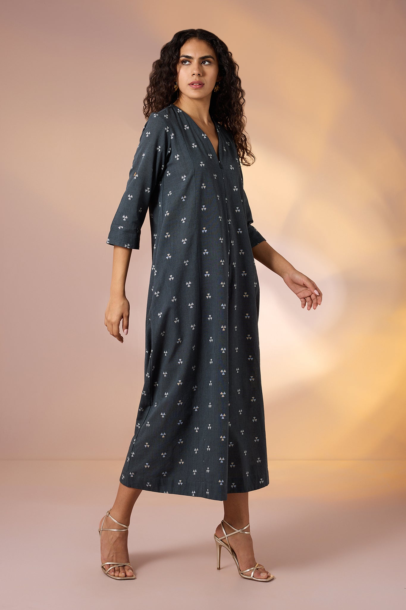 Maati Craft Gulabi Prism Grey Front Zipper Cotton Jumpsuit with Pockets & Sleeves