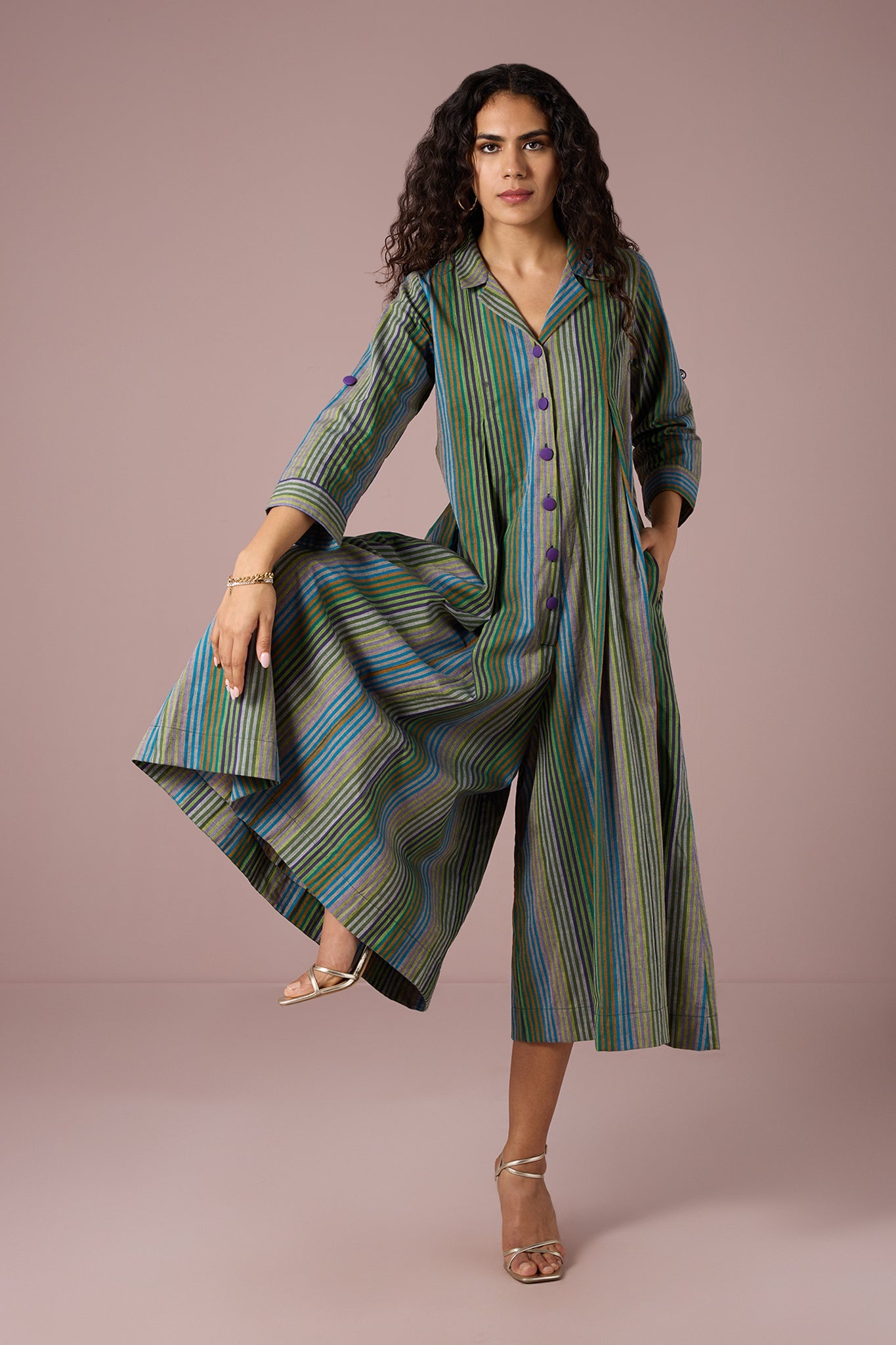 Maati Craft Forest Stripes Jumpsuit with Pockets & Collar