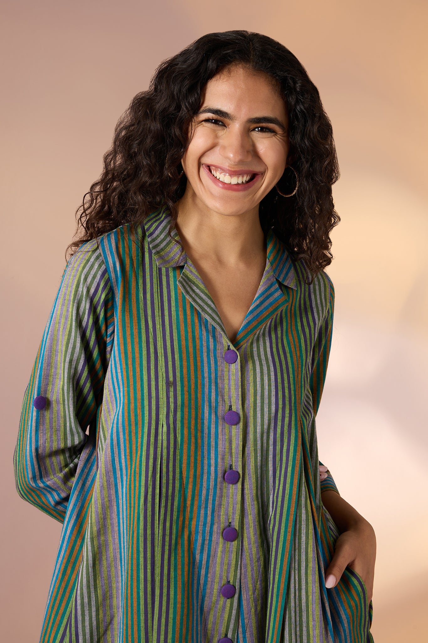 Maati Craft Forest Stripes Jumpsuit with Pockets & Collar