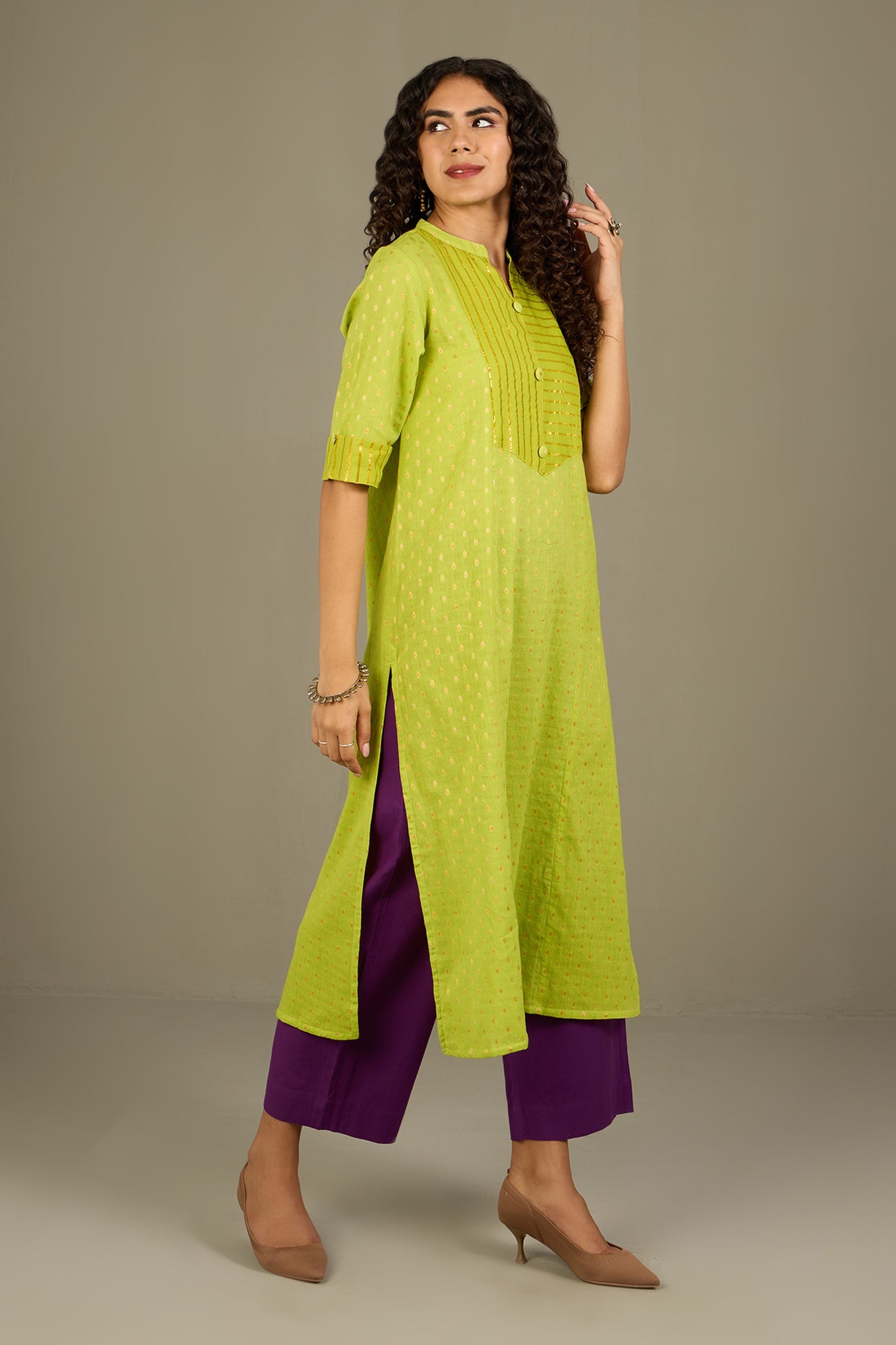 Maati Craft Lime Luster Stripes Long Panel Kurta Only