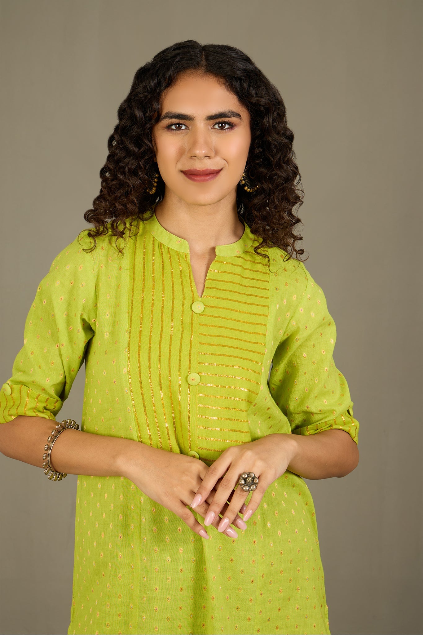 Maati Craft Lime Luster Stripes Long Panel Kurta Only