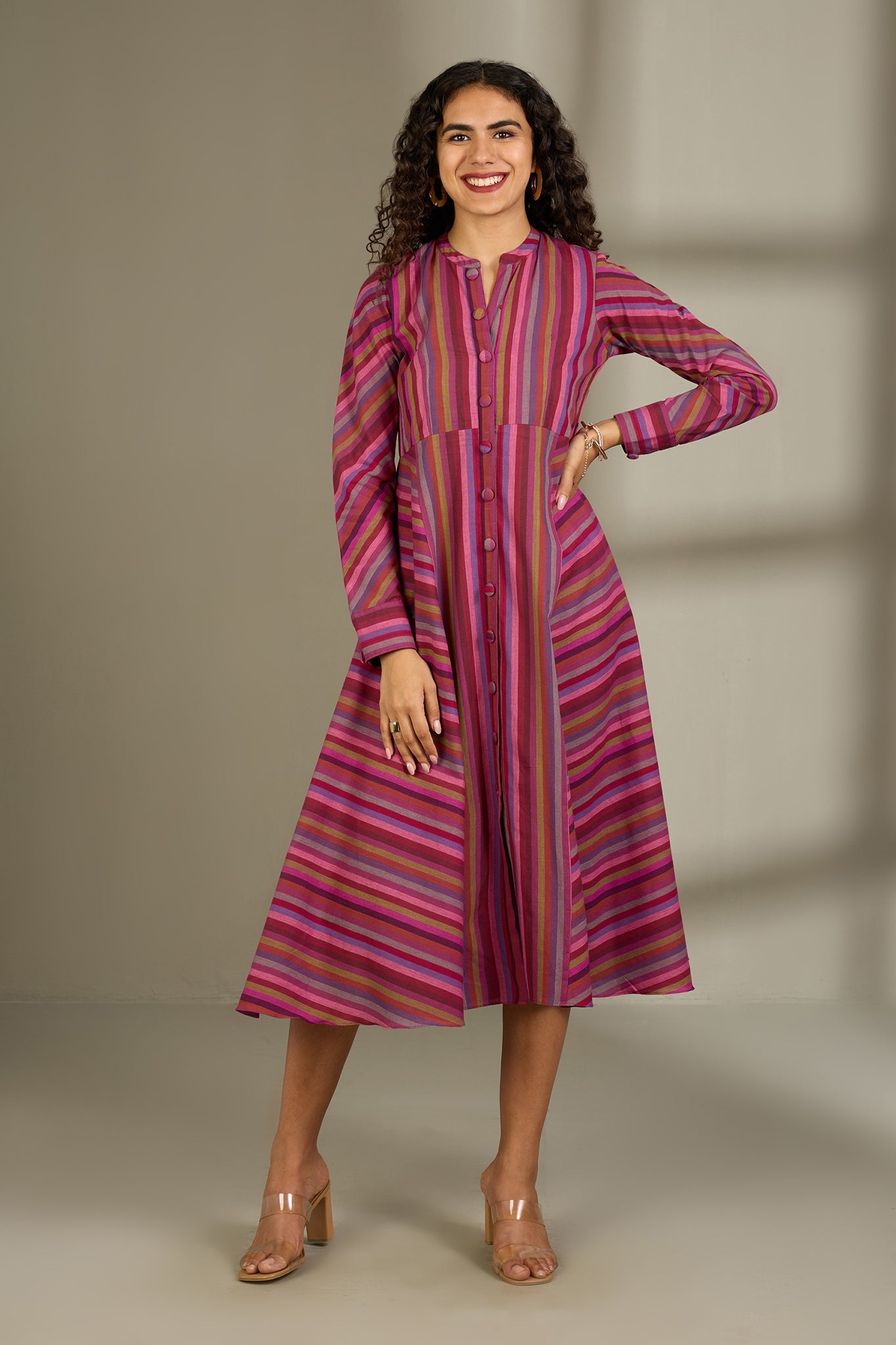 Maati Craft Rosy Rhythm Lines Flared Panel Midi Dress