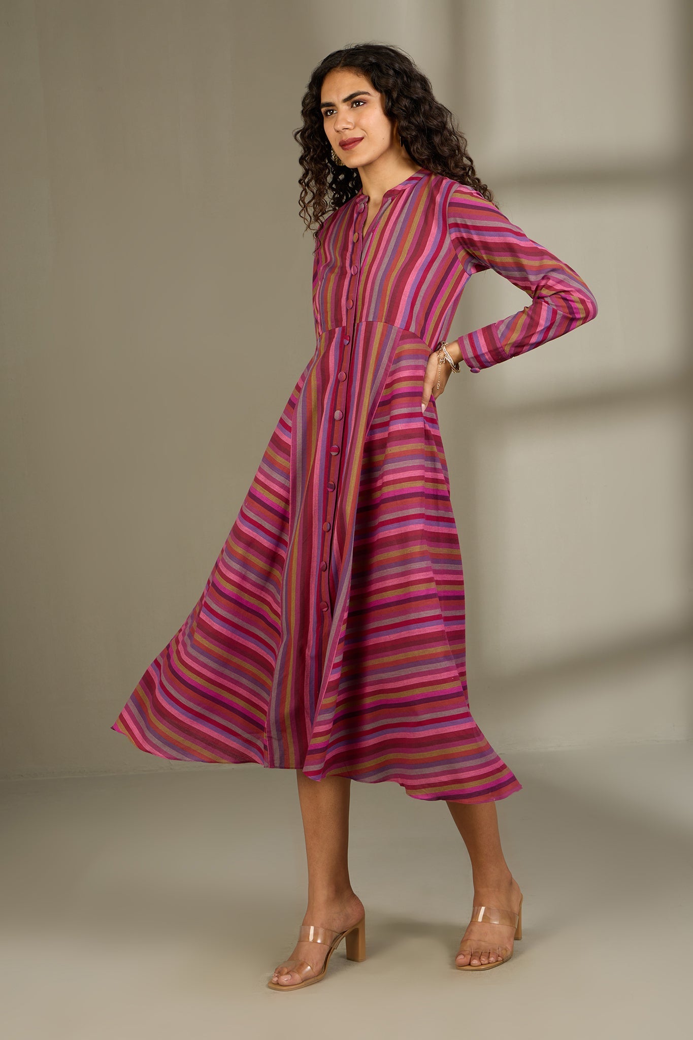 Maati Craft Rosy Rhythm Lines Flared Panel Midi Dress