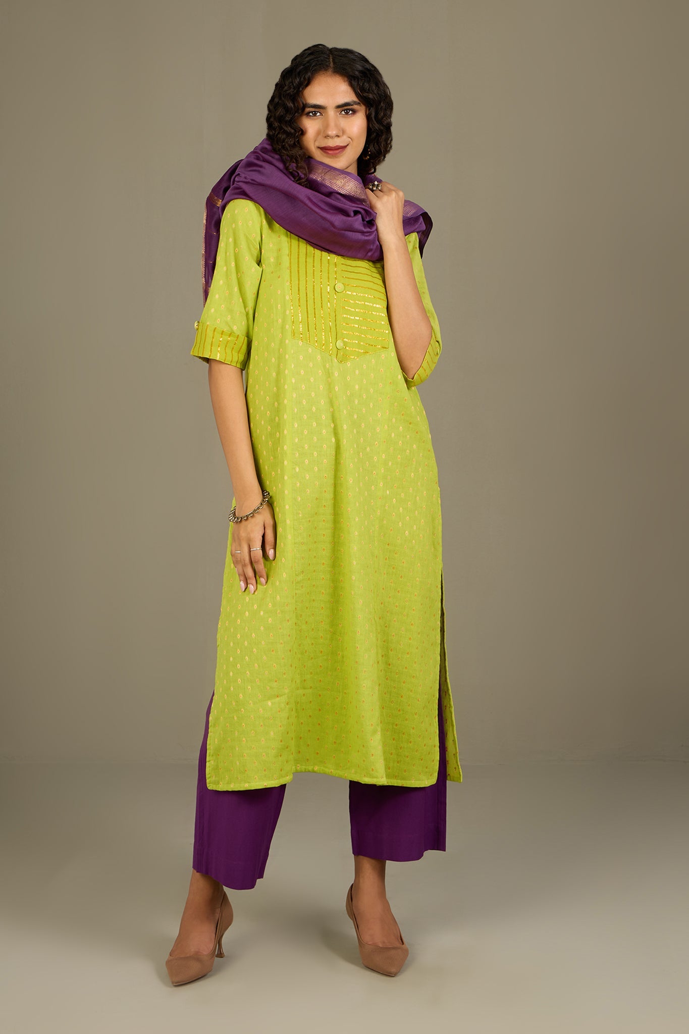Maati Craft Lime Luster Stripes Long Panel Kurta Only