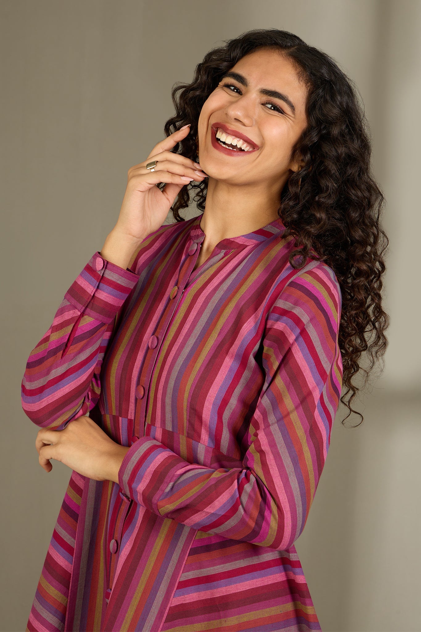 Maati Craft Rosy Rhythm Lines Flared Panel Midi Dress