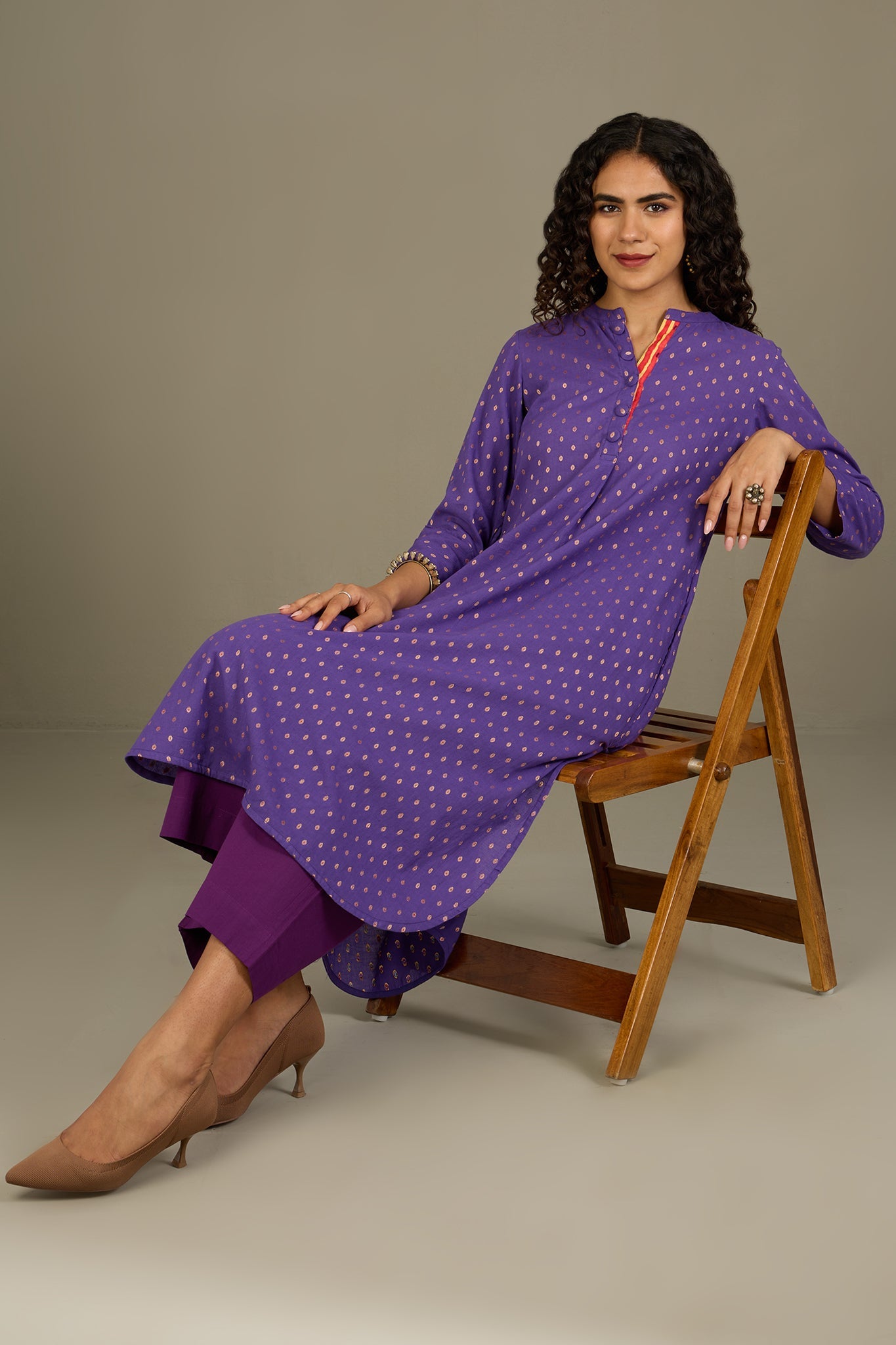 Maati Craft Gilded Violet Stand Collar Kurta with Round Hemline