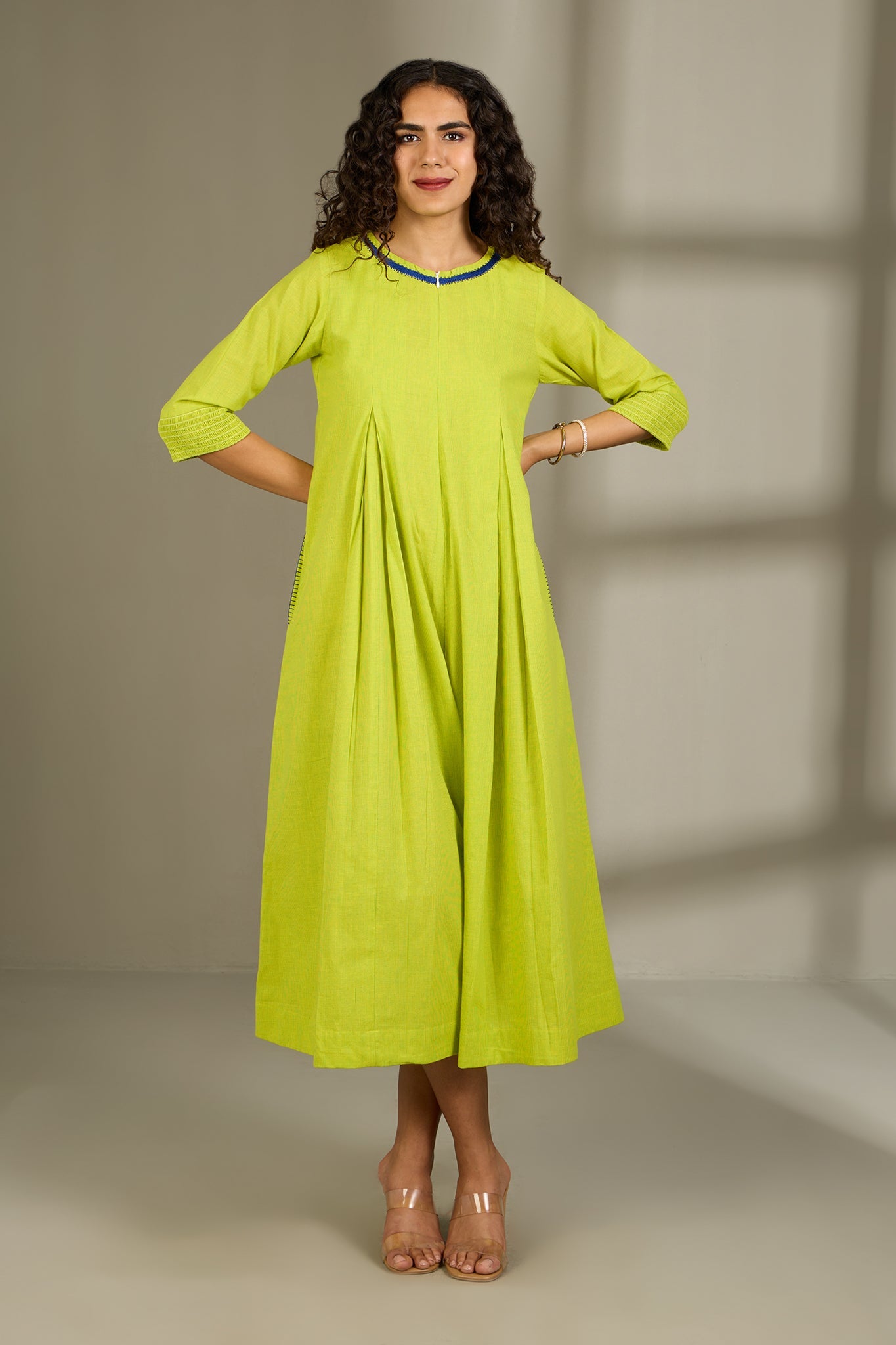 Maati Craft Lime Fizz Jumpsuit with Pockets & Smocked Sleeve