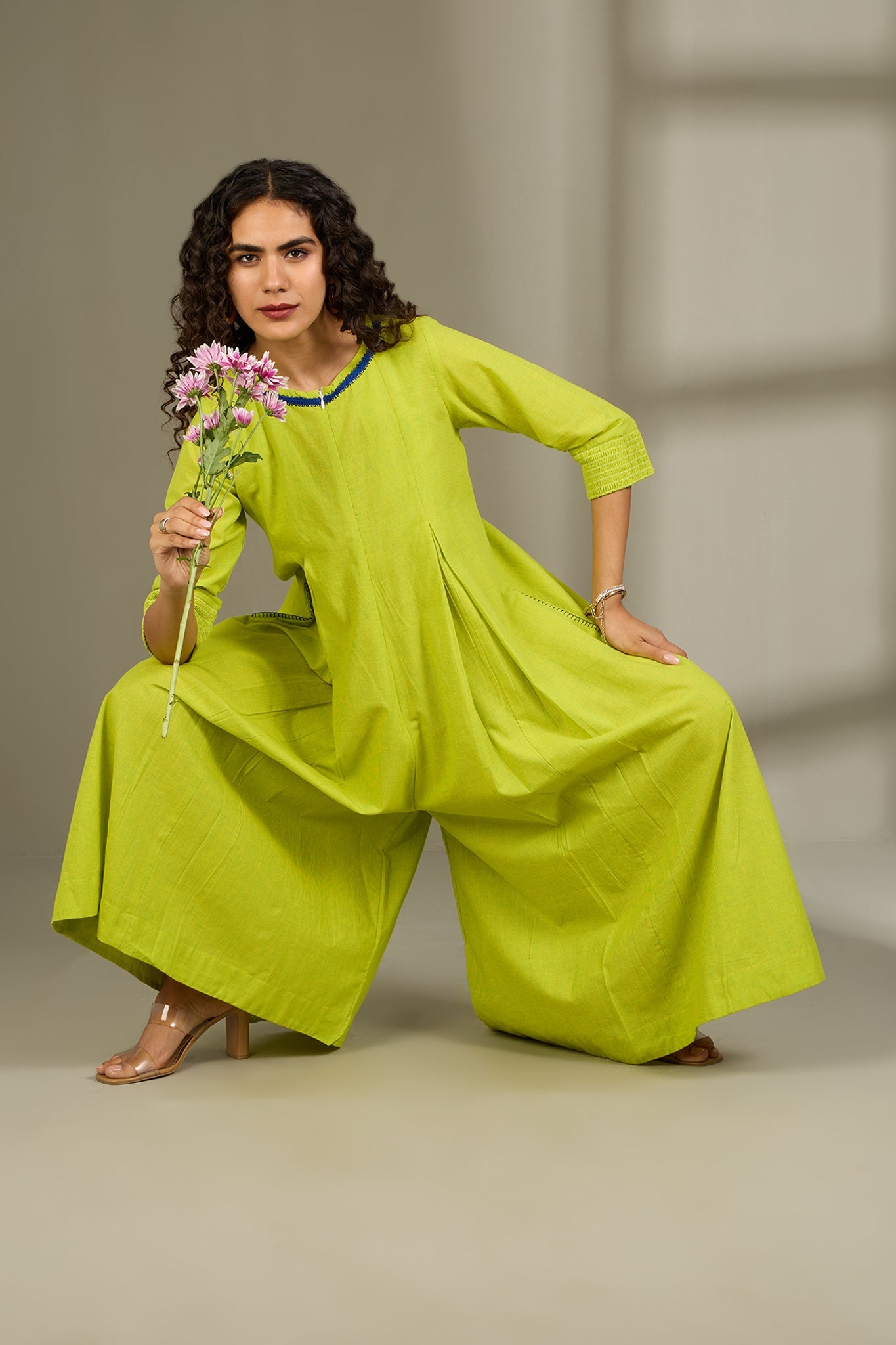 Maati Craft Lime Fizz Jumpsuit with Pockets & Smocked Sleeve