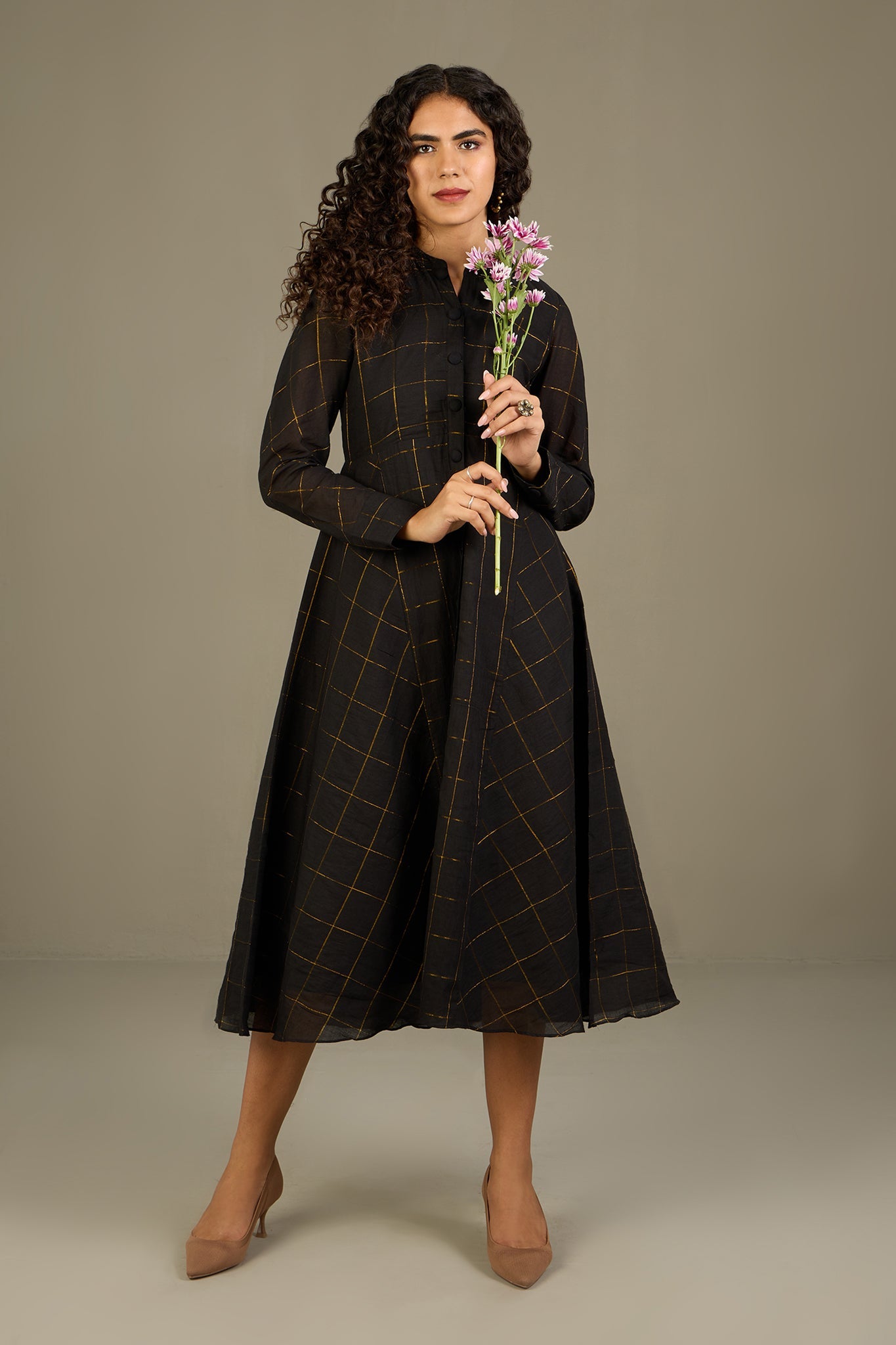 Night Grid & Gold Flared dress for women