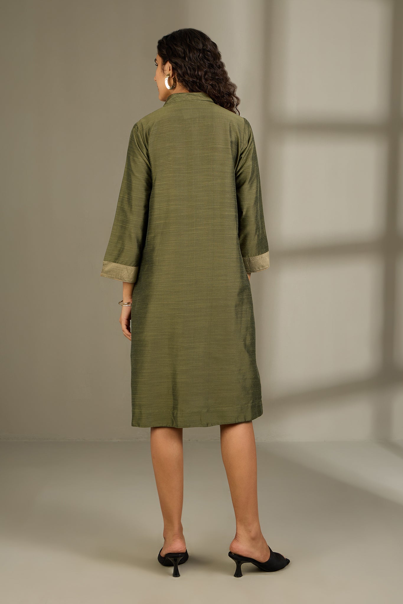 Maati Craft Olive Dust & Ember Silk Slub Cross Shirt Dress