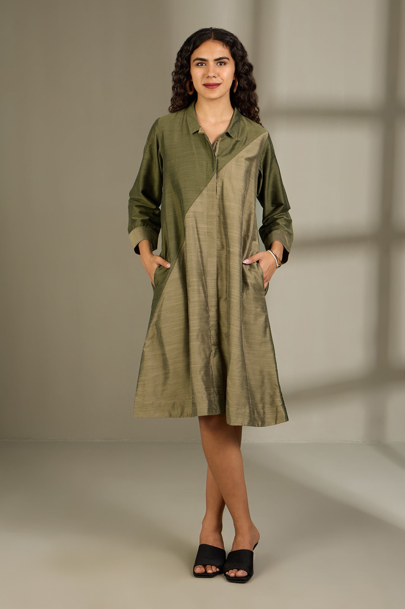 Maati Craft Olive Dust & Ember Silk Slub Cross Shirt Dress