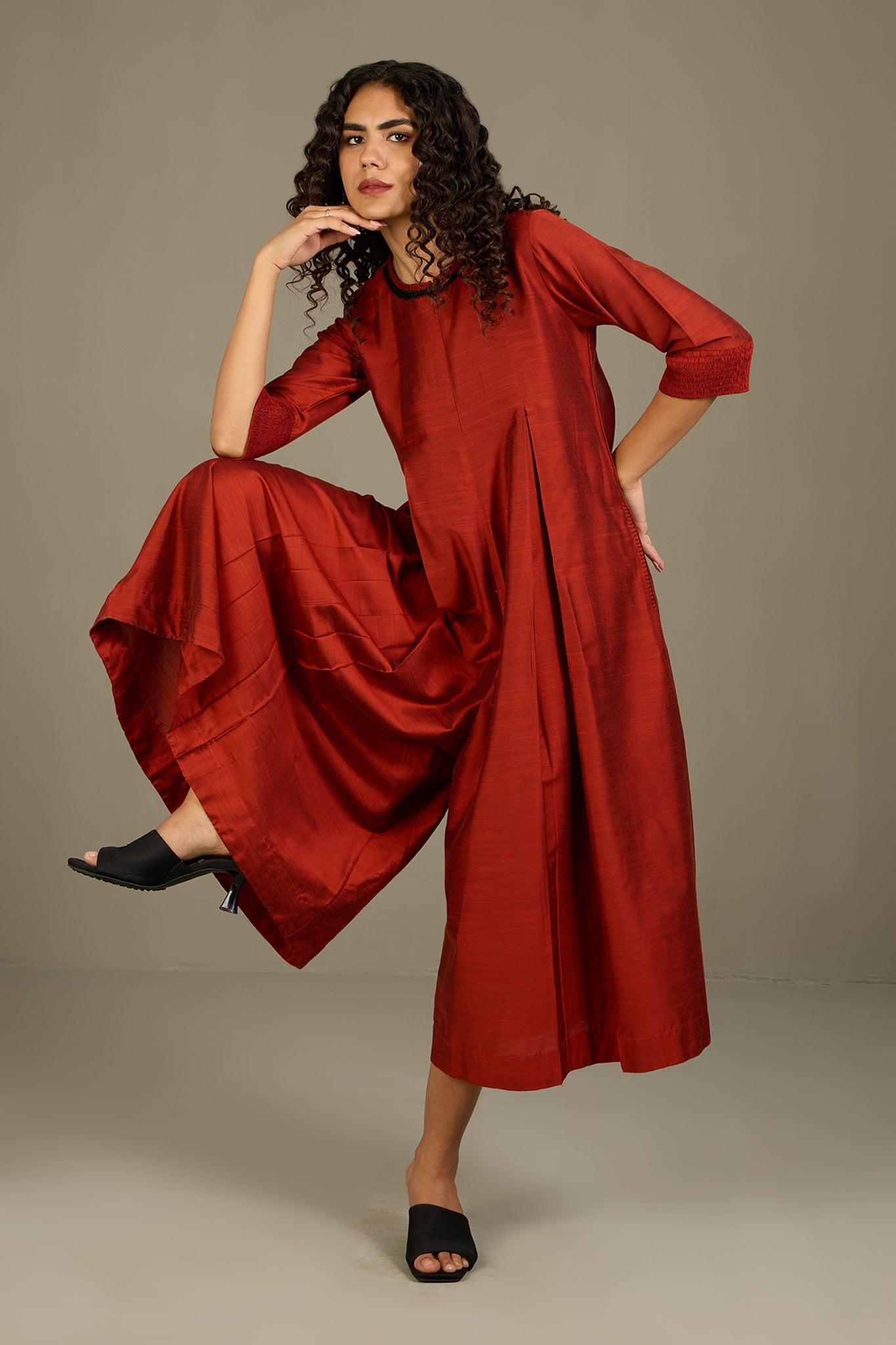 Maati Craft Lustrous Earth Jumpsuit with Pockets & Smocked Sleeve