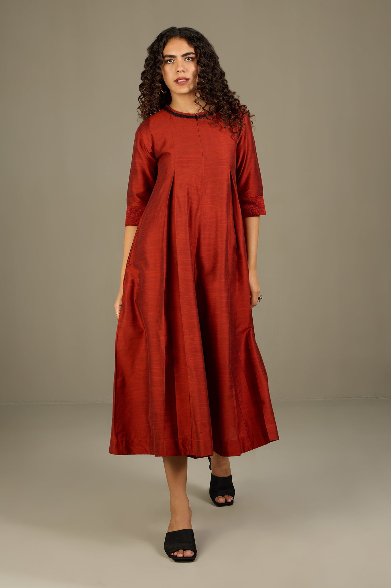 Maati Craft Lustrous Earth Jumpsuit with Pockets & Smocked Sleeve