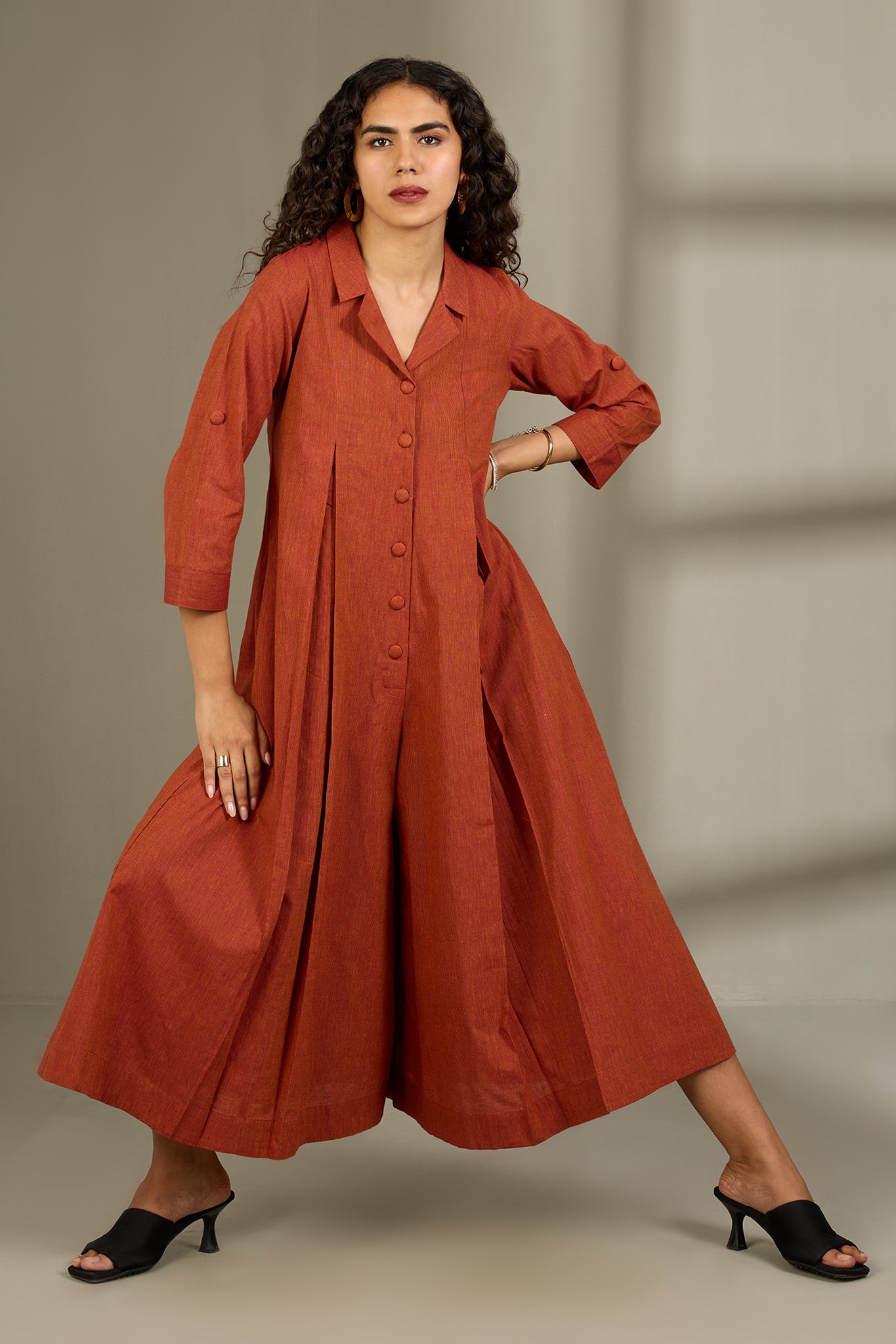 Maati Craft Burnished Earth Cotton Jumpsuit with Pockets & Collar