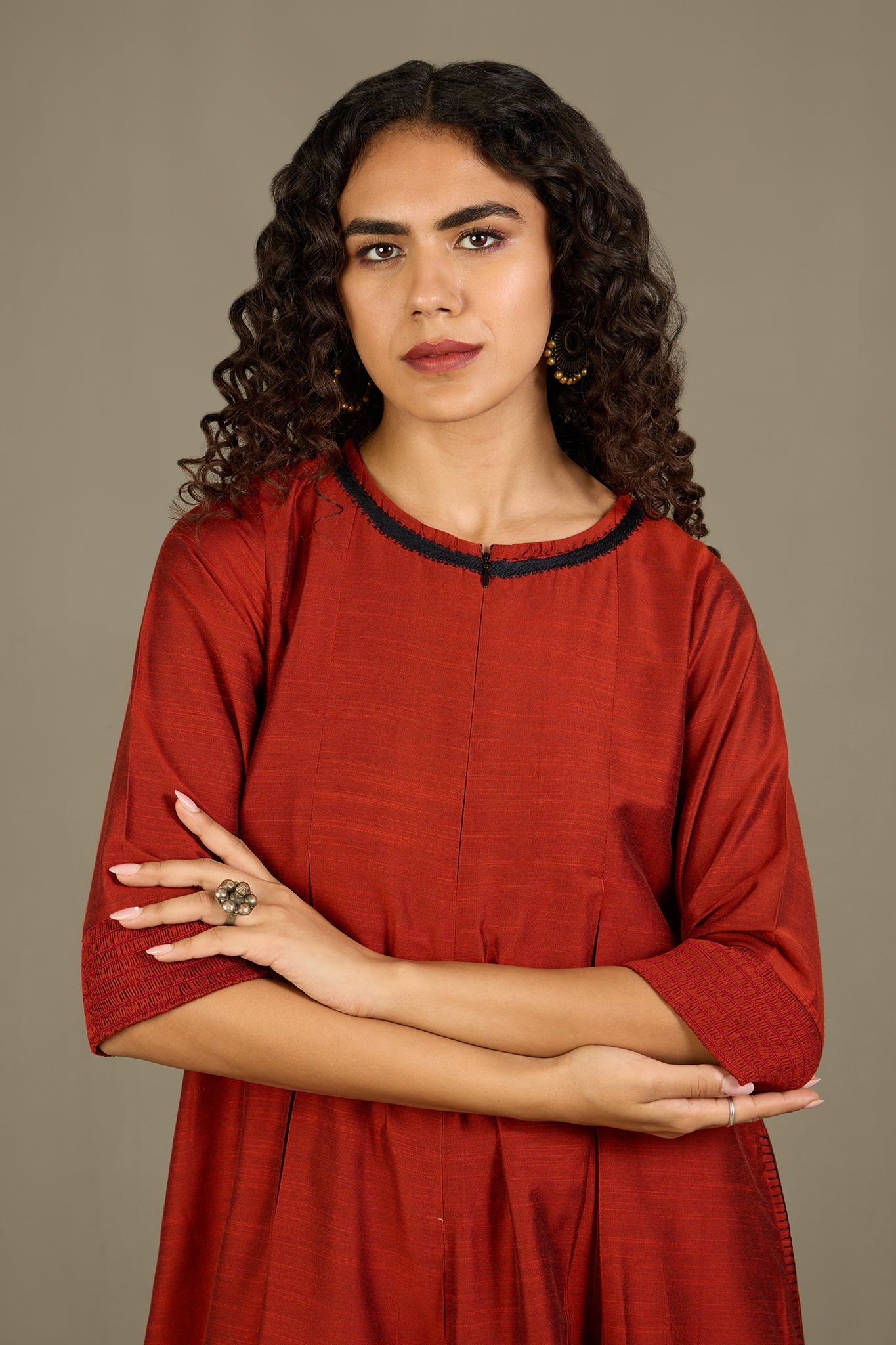 Maati Craft Lustrous Earth Jumpsuit with Pockets & Smocked Sleeve
