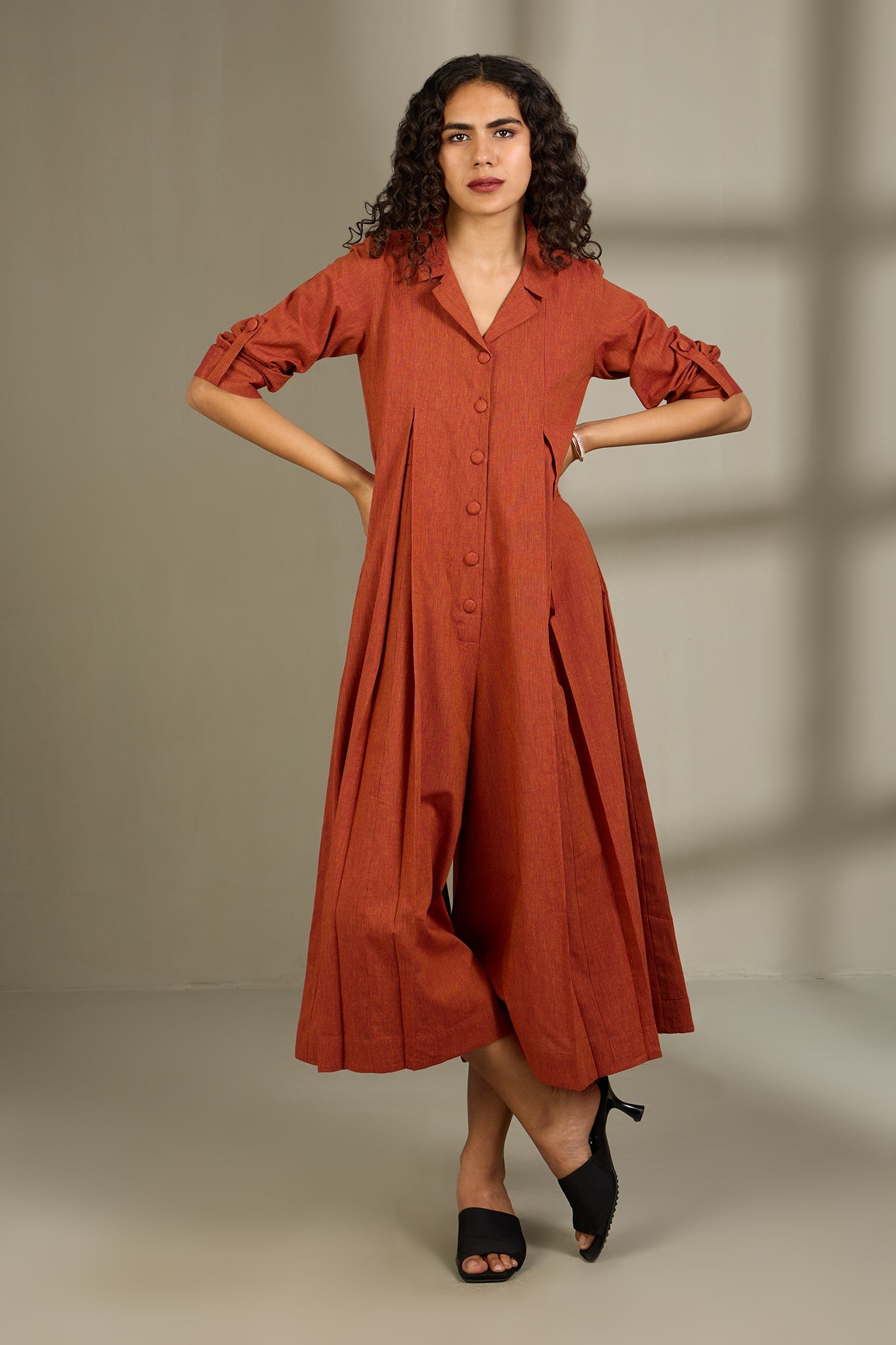 Maati Craft Burnished Earth Cotton Jumpsuit with Pockets & Collar