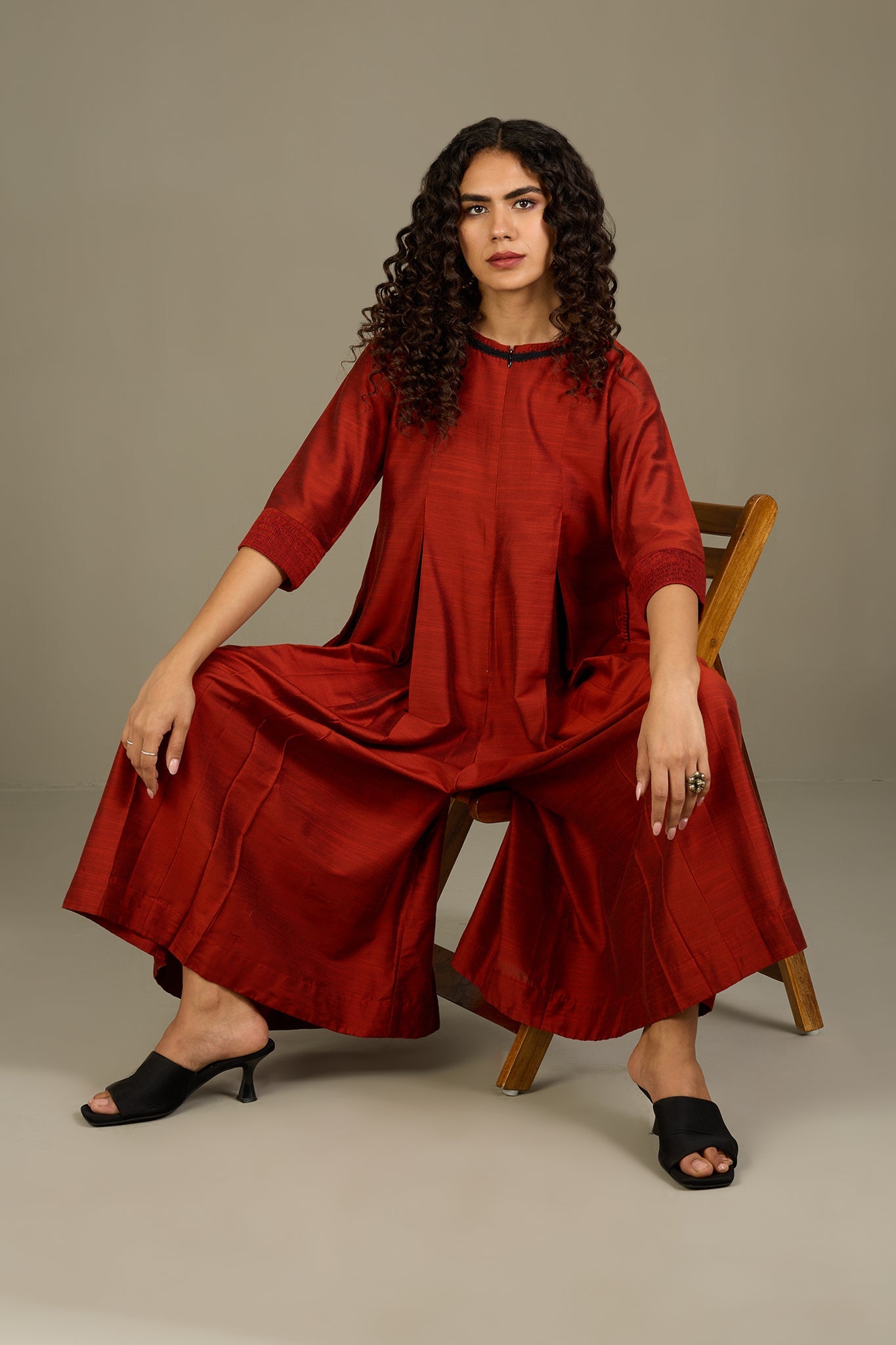 Maati Craft Lustrous Earth Jumpsuit with Pockets & Smocked Sleeve