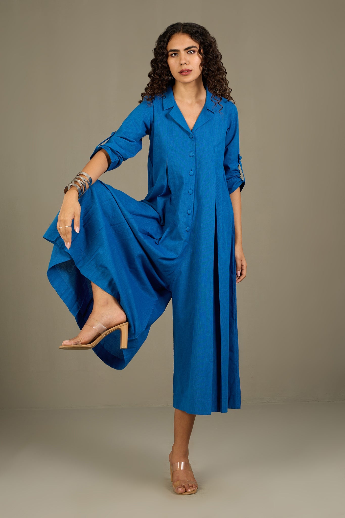 Maati Craft Azure Serenade Cotton Jumpsuit with Pockets & Collar