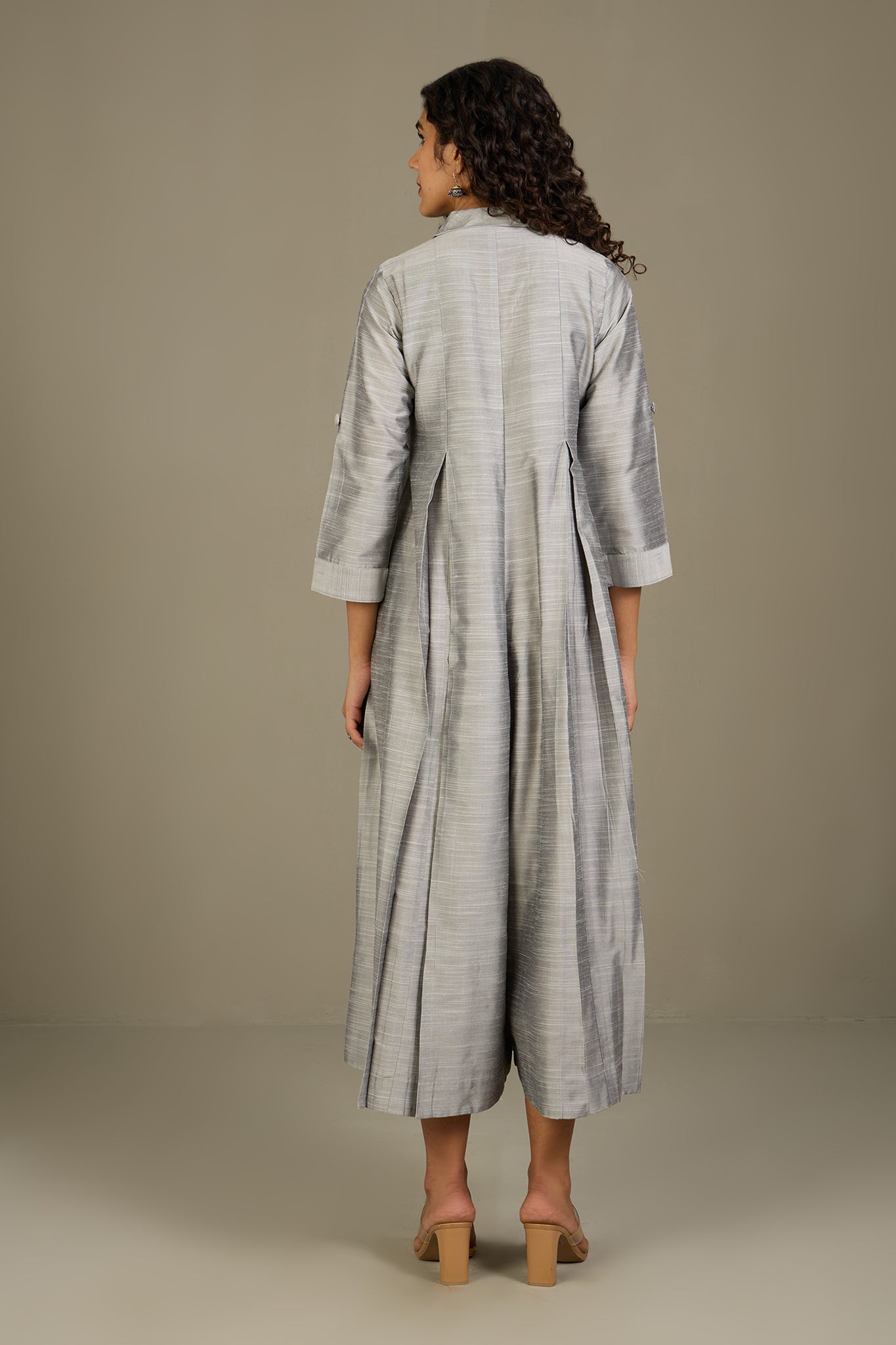 Maati Craft Gleaming Silver Silk Slub Jumpsuit with Pockets & Collar