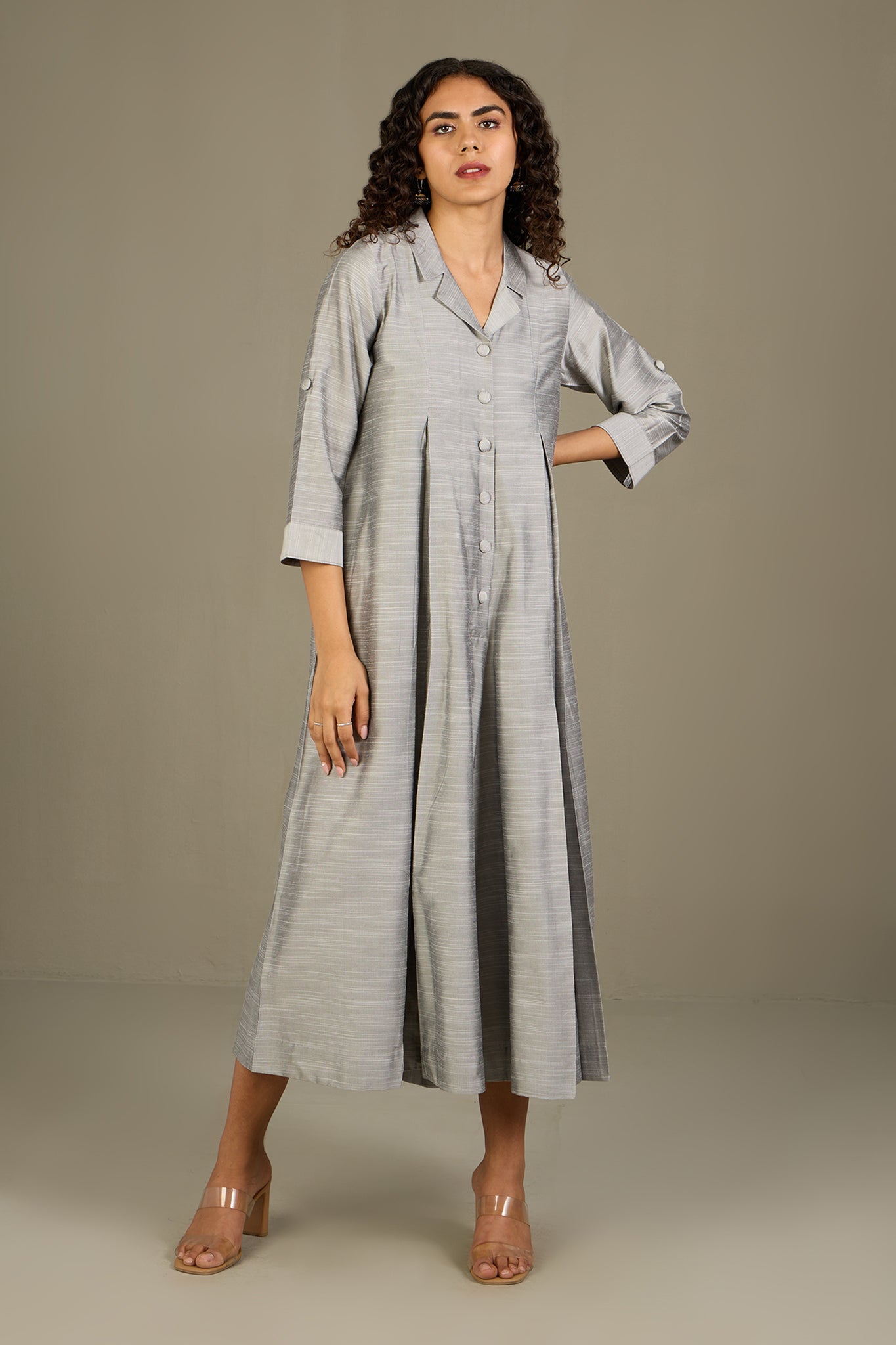 Maati Craft Gleaming Silver Silk Slub Jumpsuit with Pockets & Collar