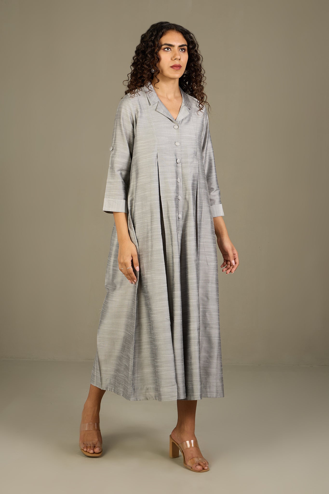 Maati Craft Gleaming Silver Silk Slub Jumpsuit with Pockets & Collar