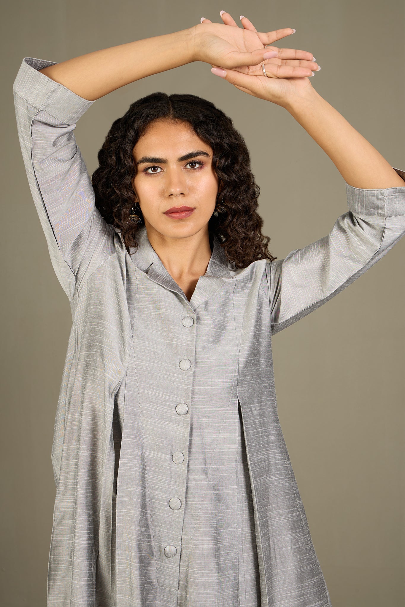Maati Craft Gleaming Silver Silk Slub Jumpsuit with Pockets & Collar