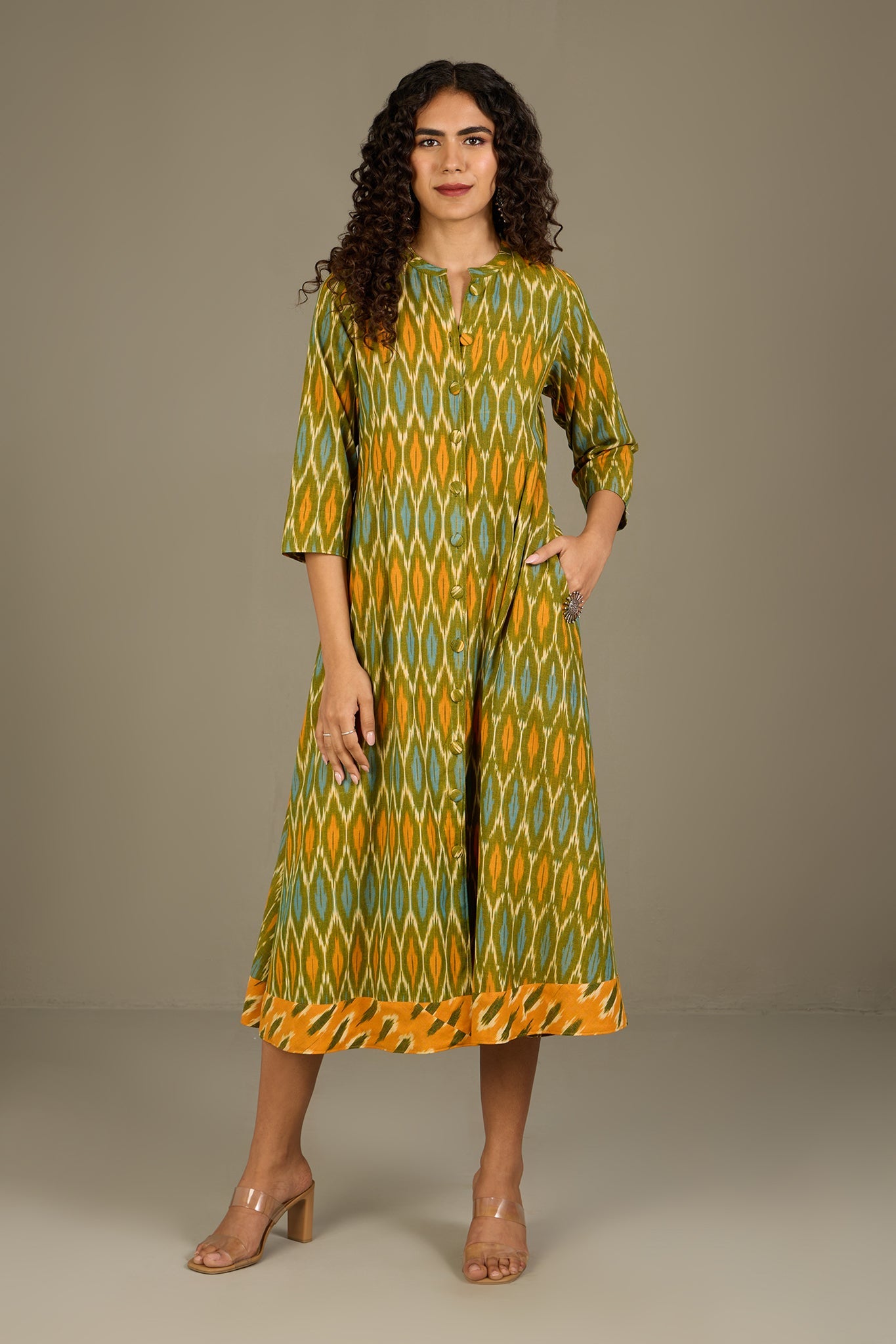 Maati Craft Verdant Gold Haze Long Button Down Ikat Maxi Dress