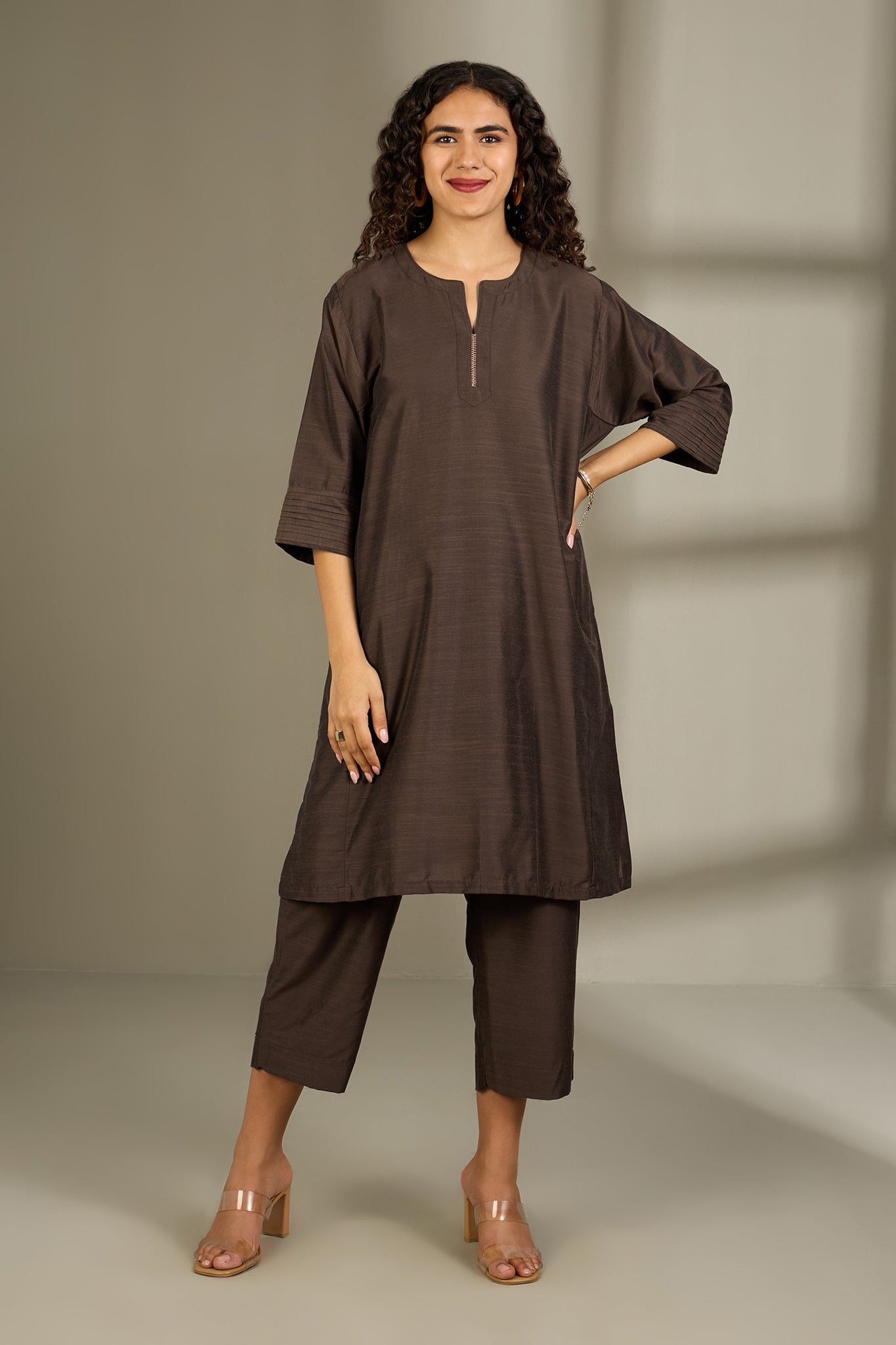 Maati Craft Co-ord Set Bronzed Serenity Luxe Silk Slub Kalidar Tunic (Set of 2)