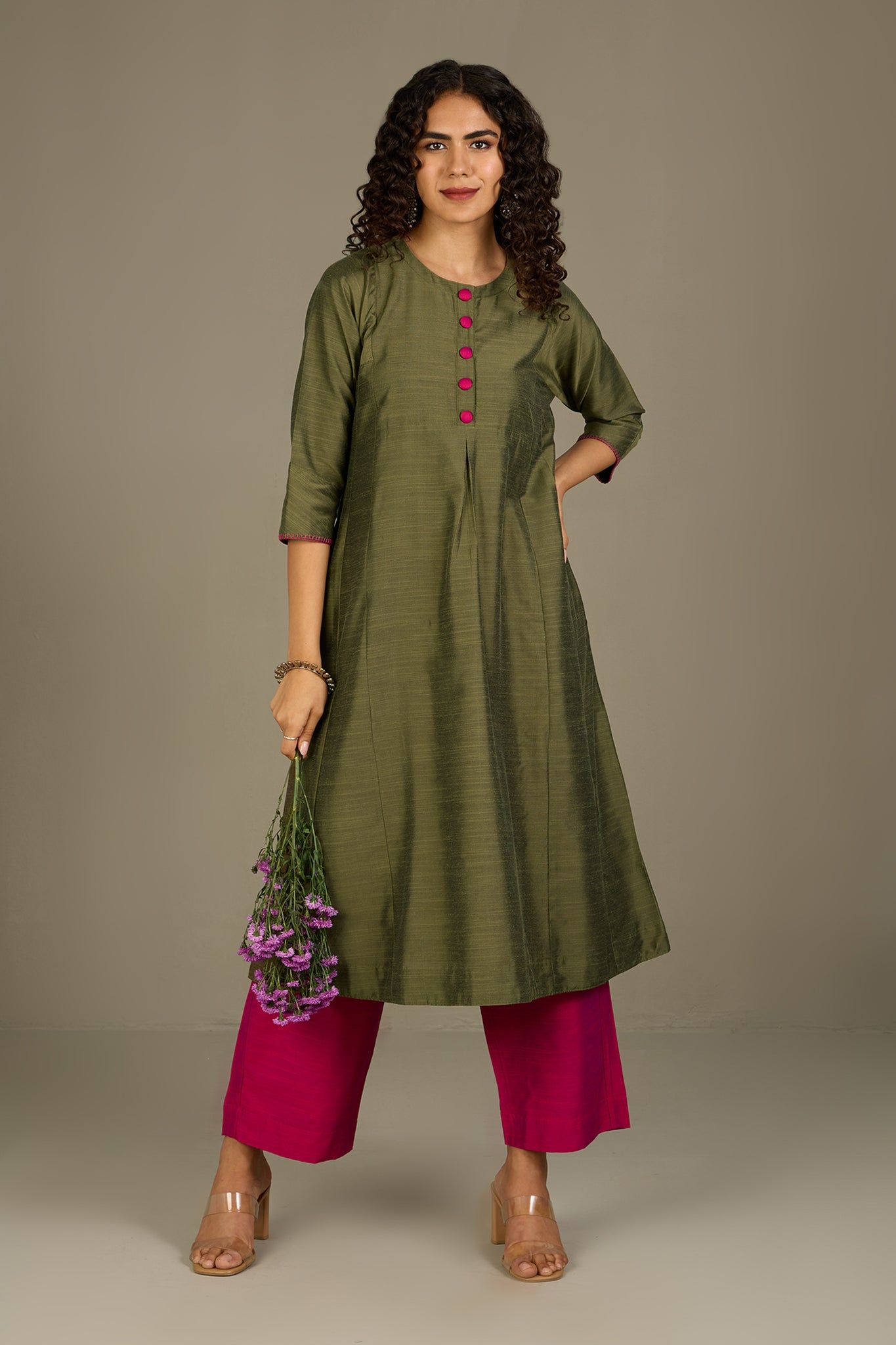 Maati Craft Forest Rose Silk Slub Kalidar Kurta