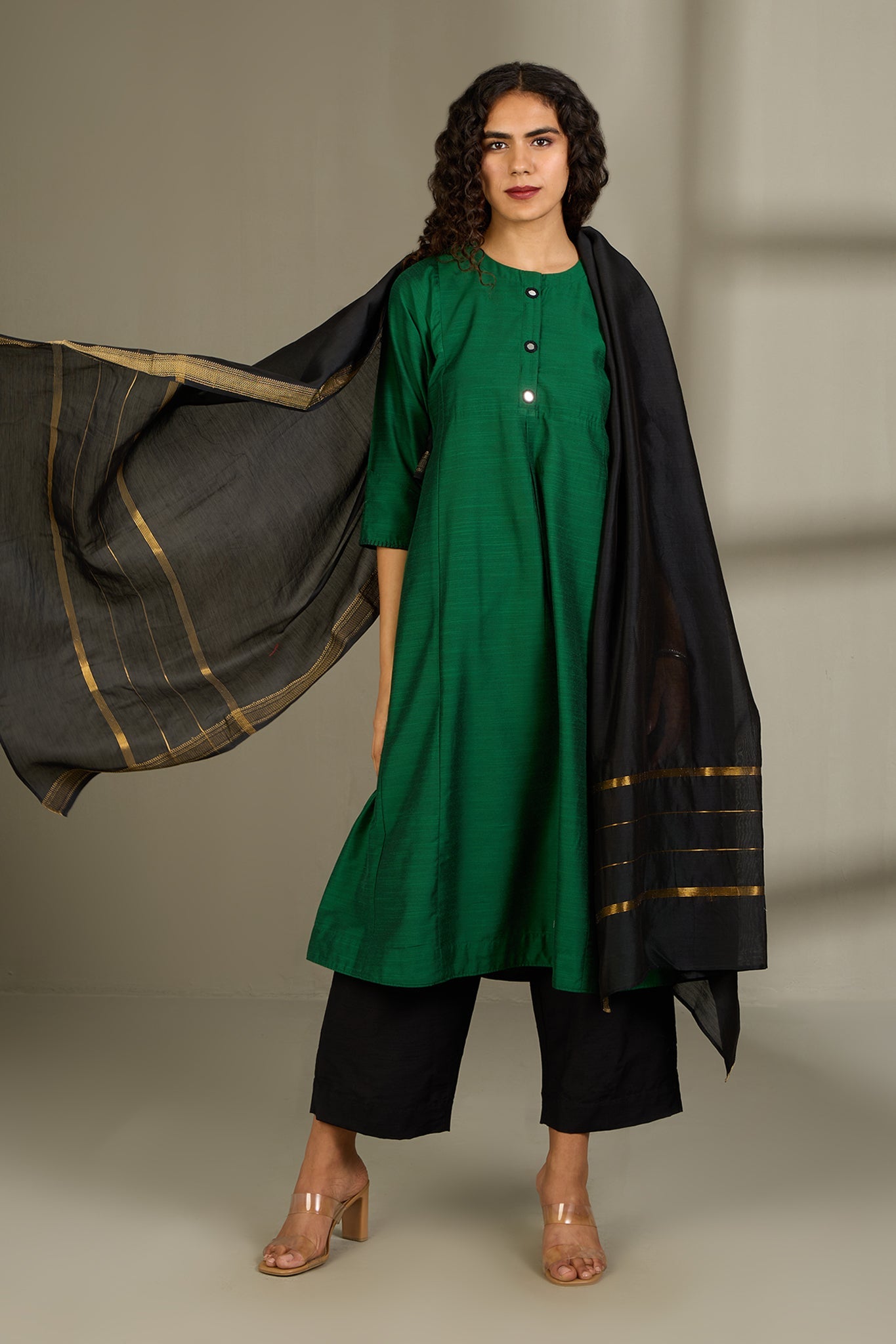 Maati Craft Shadowleaf Elegance Silk Slub Kalidar Kurta