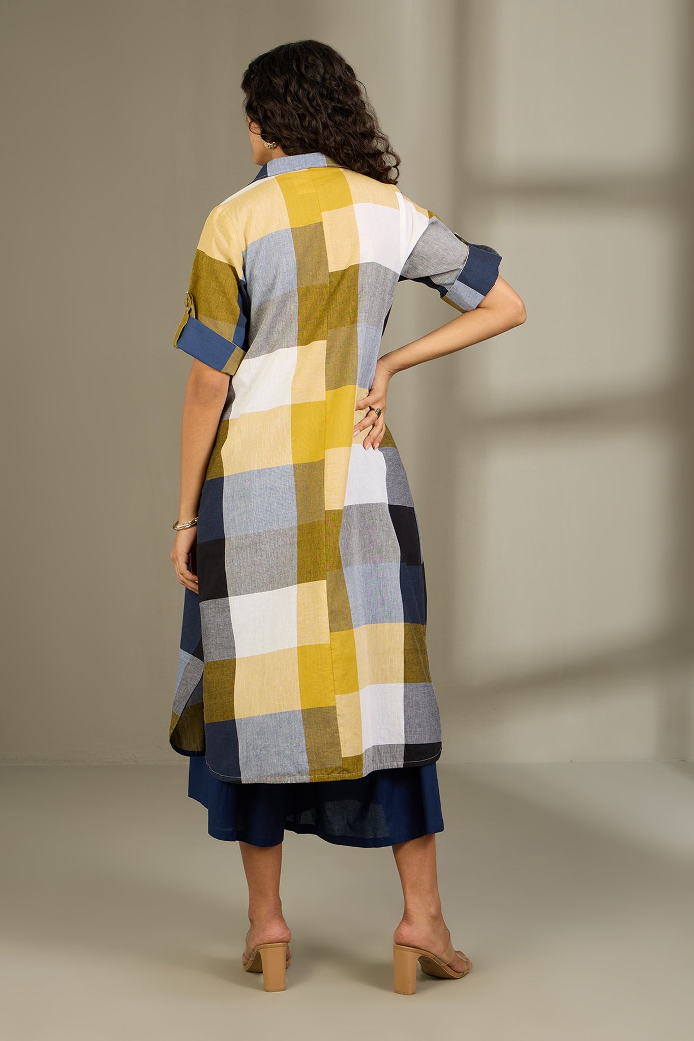 Maati Craft Coastal Checks Box Pleat Button Down Shirt Dress