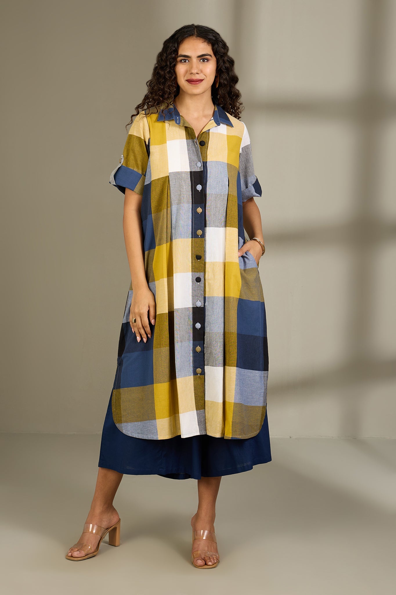 Maati Craft Coastal Checks Box Pleat Button Down Shirt Dress