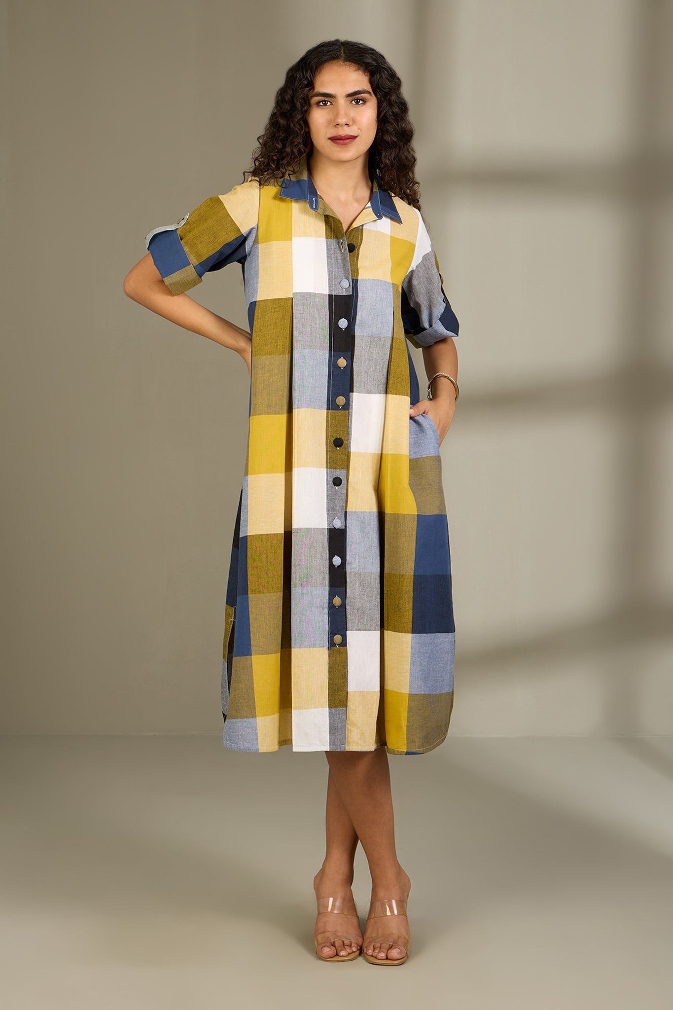 Maati Craft Coastal Checks Box Pleat Button Down Shirt Dress