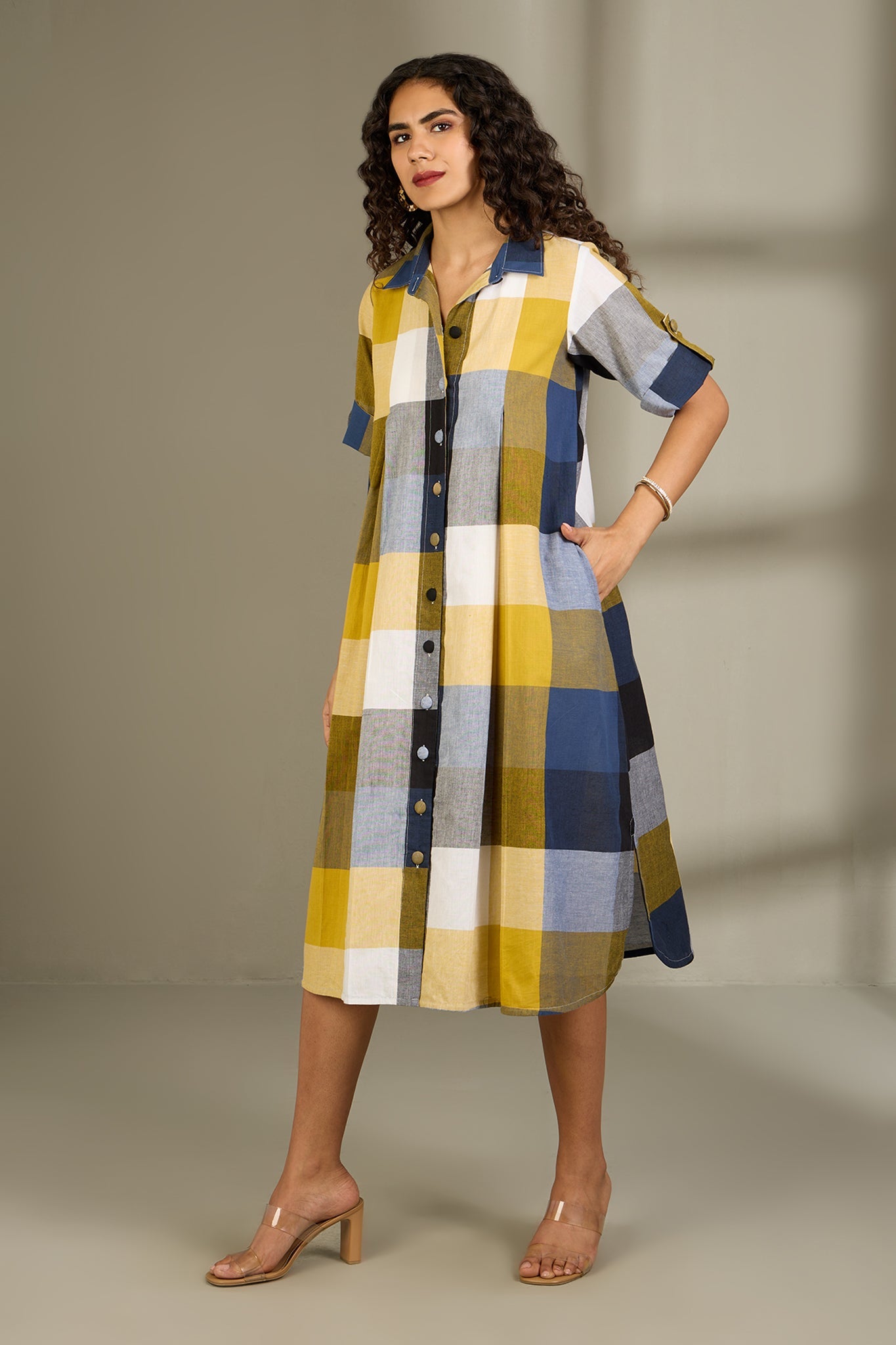 Maati Craft Coastal Checks Box Pleat Button Down Shirt Dress