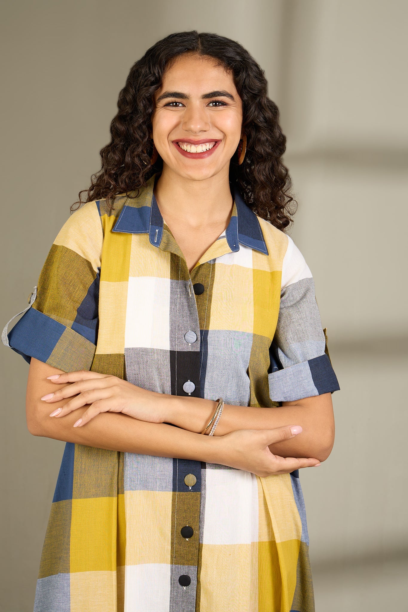 Maati Craft Coastal Checks Box Pleat Button Down Shirt Dress