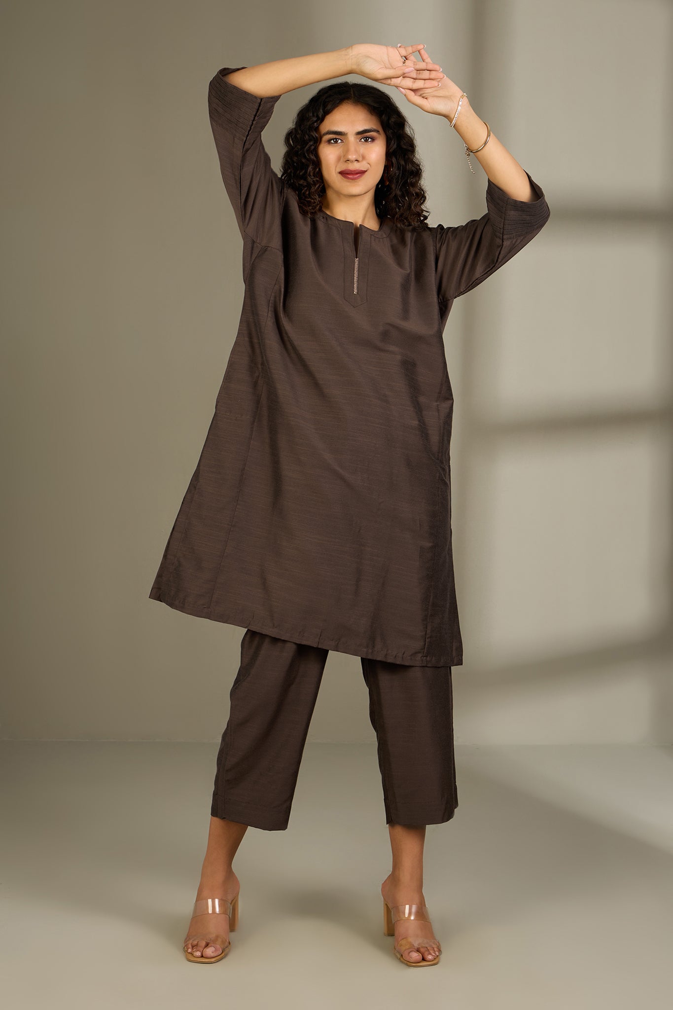 Maati Craft Co-ord Set Bronzed Serenity Luxe Silk Slub Kalidar Tunic (Set of 2)