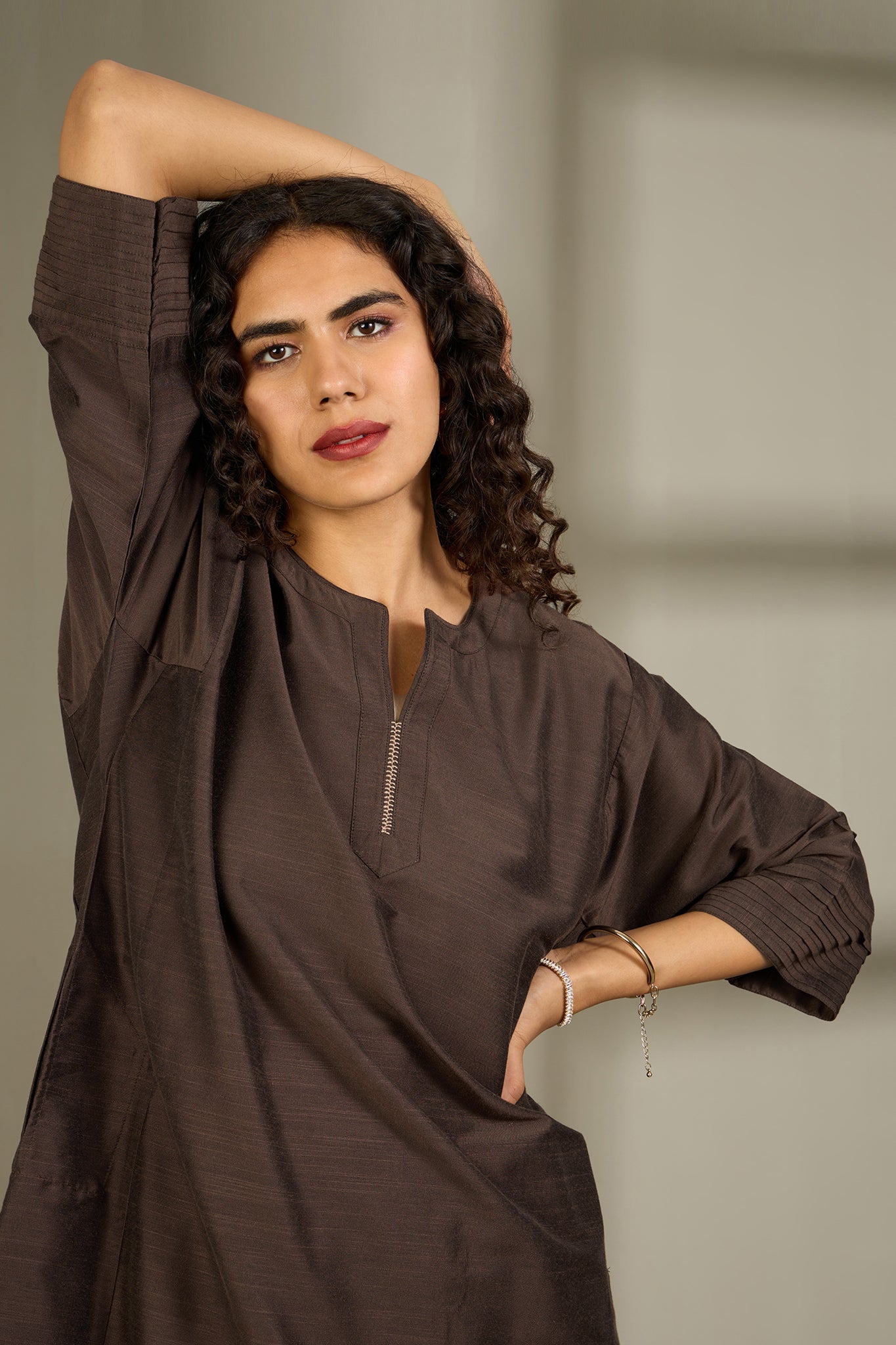 Maati Craft Co-ord Set Bronzed Serenity Luxe Silk Slub Kalidar Tunic (Set of 2)