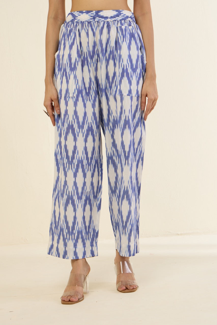 Maati Craft comfort fit cotton pants - blue ikat ocean breeze
