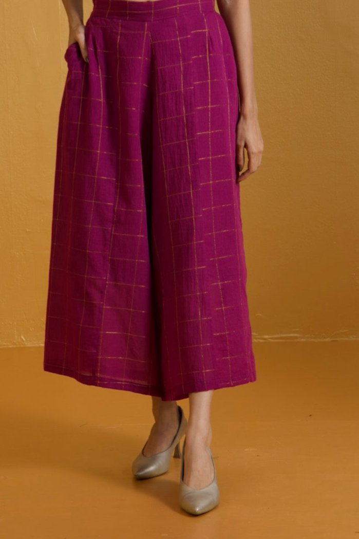 Maati Craft box pleated culotte - amethyst purple cotton with zari checks