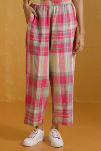 Maati Craft Co-ord Set Fuchsia Plaid Dream Modern Long Tunic Kurta & Pants