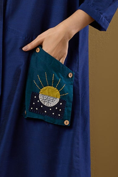Maati Craft Midnight Tides Silk Slub A-Line Dress with Patch Pocket