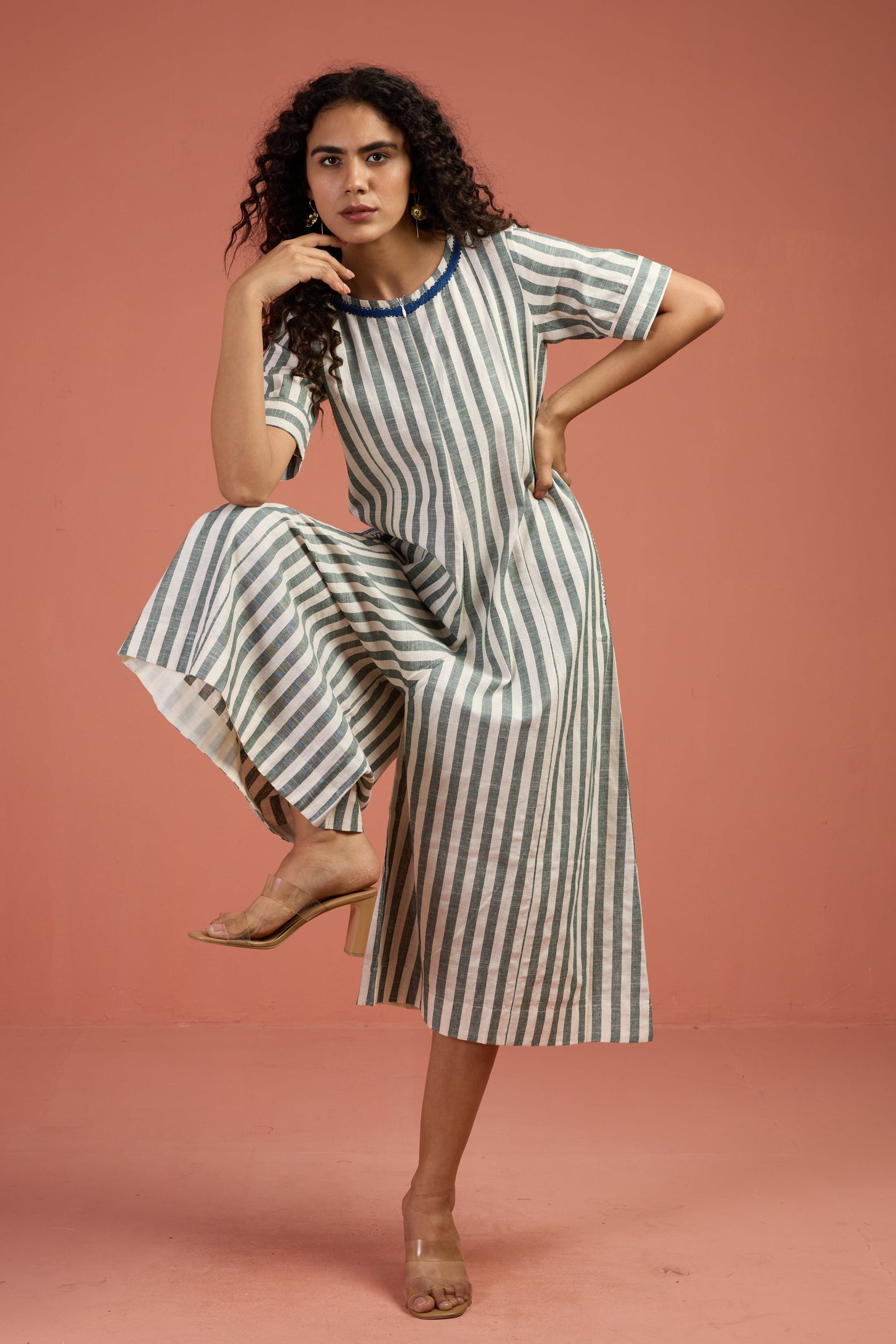 Maati Craft Mint Stripes Jumpsuit with Pockets