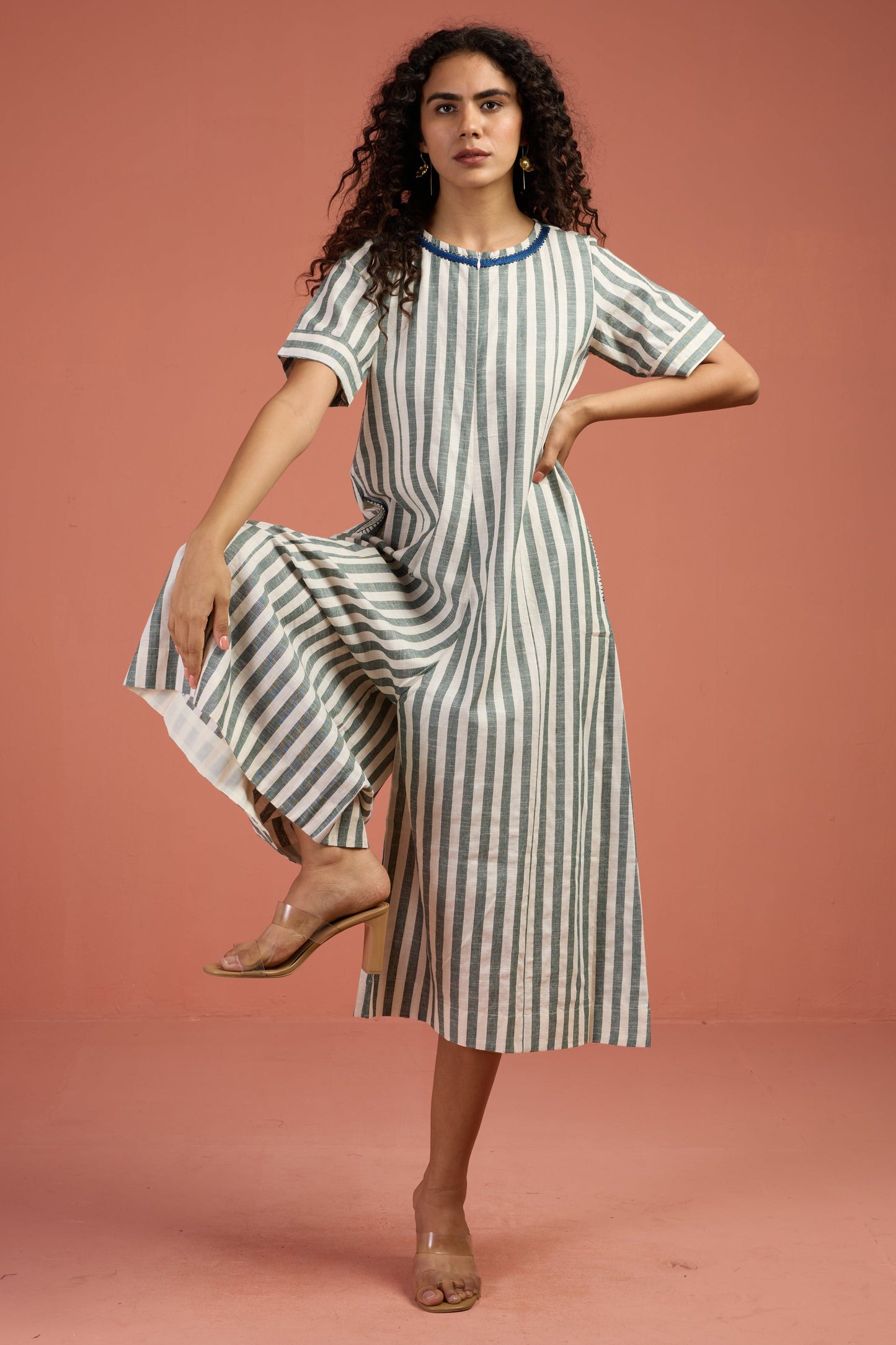 Maati Craft Mint Stripes Jumpsuit with Pockets