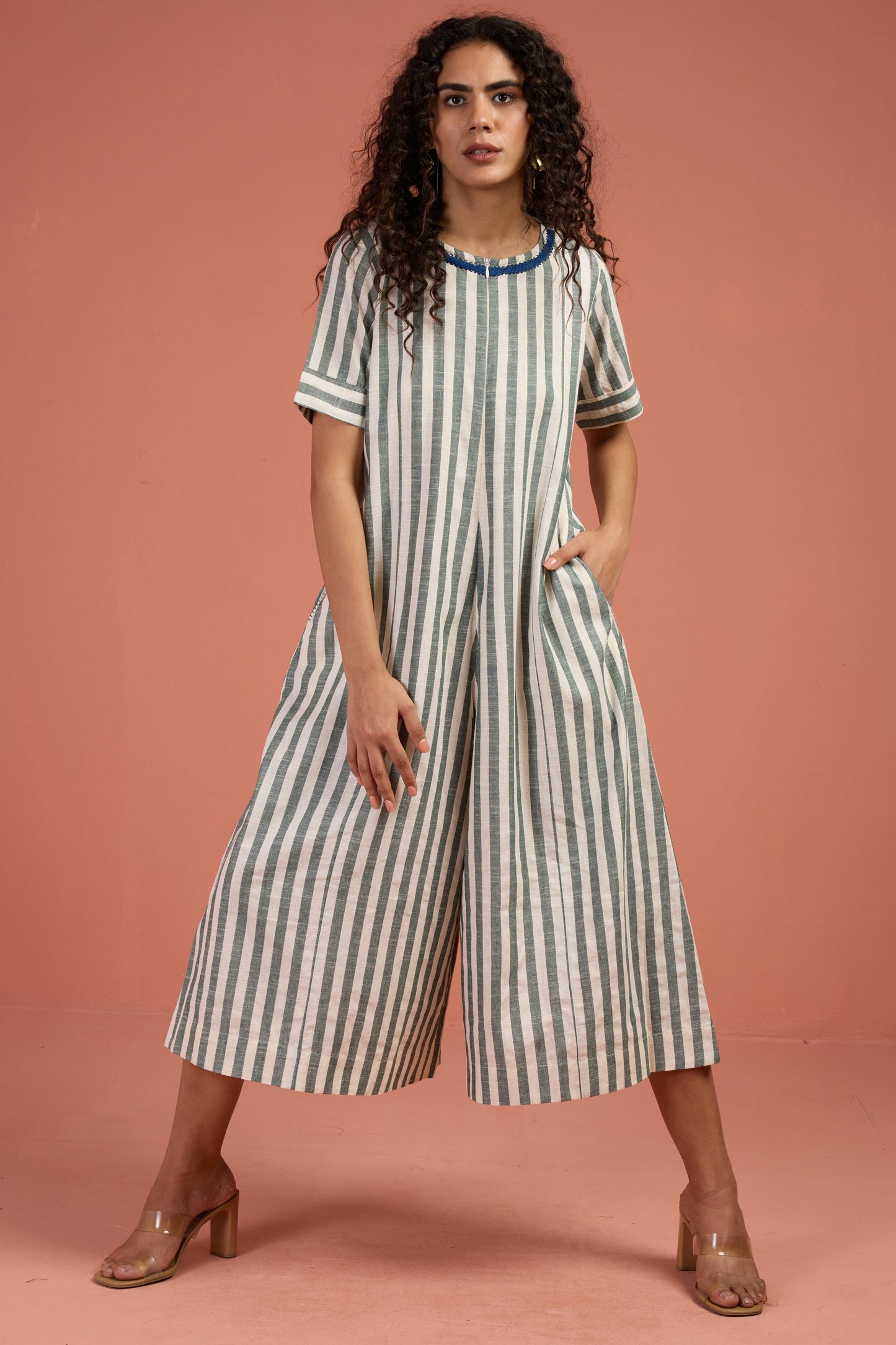 Maati Craft Mint Stripes Jumpsuit with Pockets
