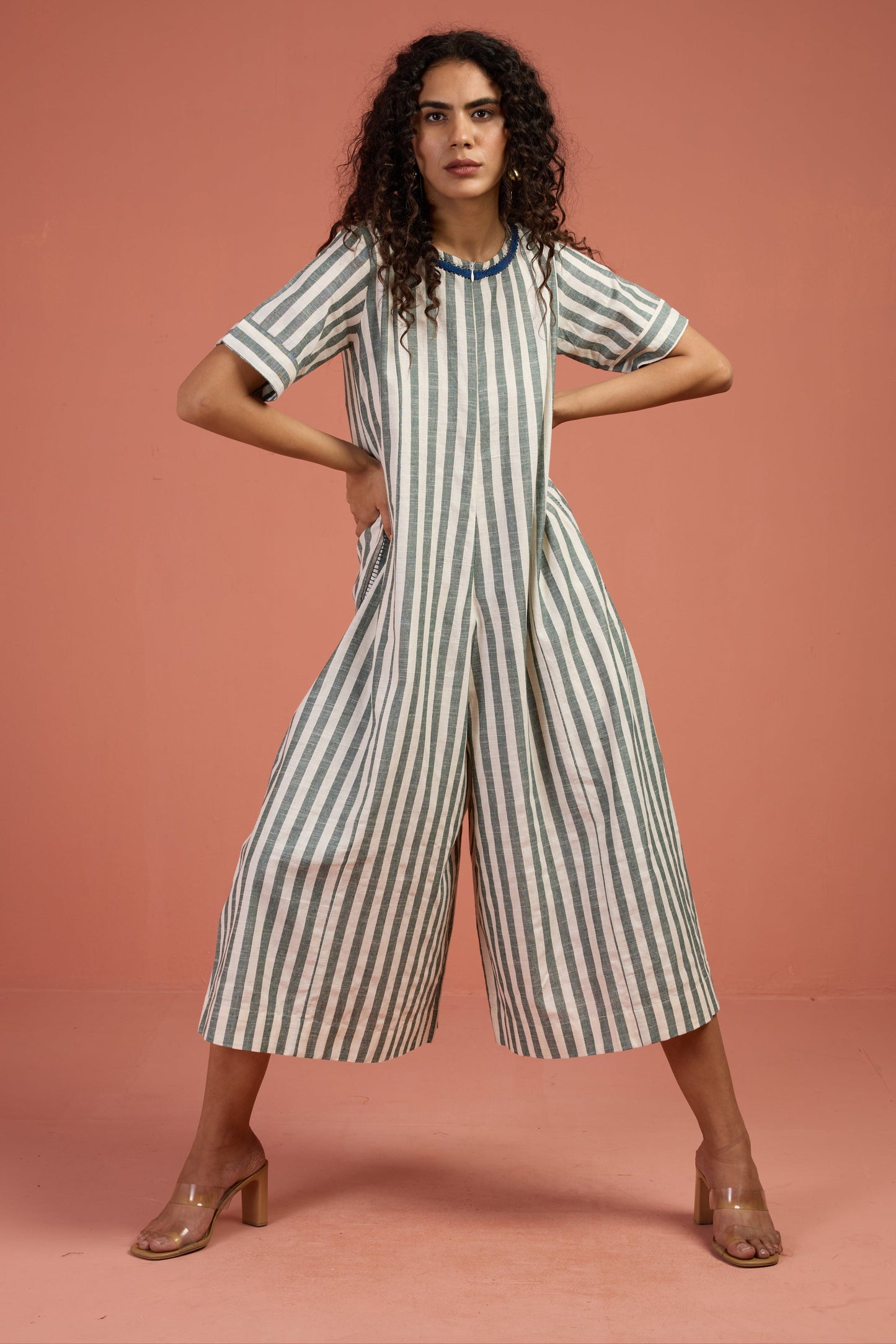 Maati Craft Mint Stripes Jumpsuit with Pockets